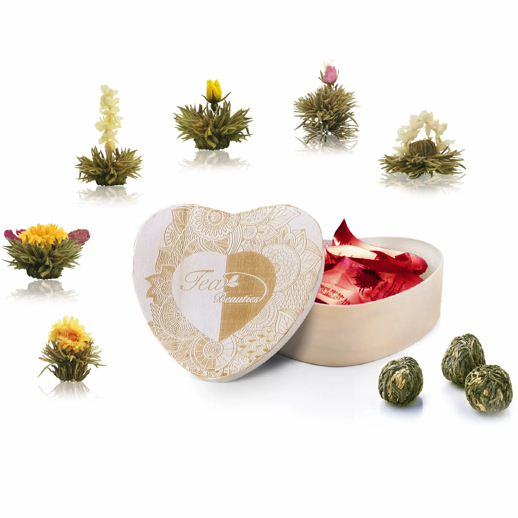 Creano Té Blanco Caja de Madera Corazón 6 uds Rosa de Té Regalo Romántico