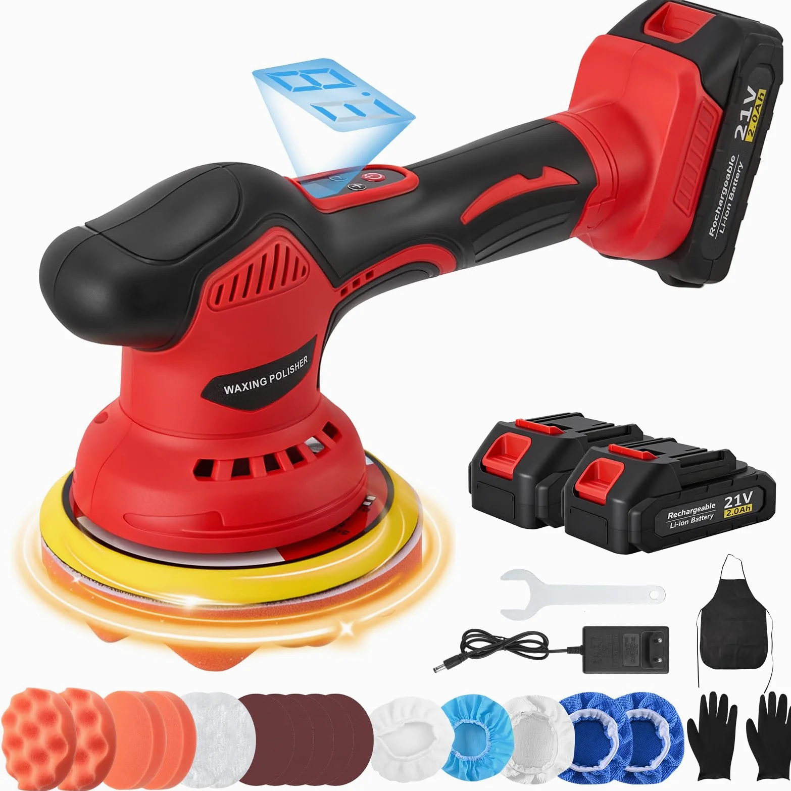 Pulidora Inalambrica Coche 21V Orbital 2 Baterias 8 Velocidades 2800-5500 RPM para Pulir y Encerar