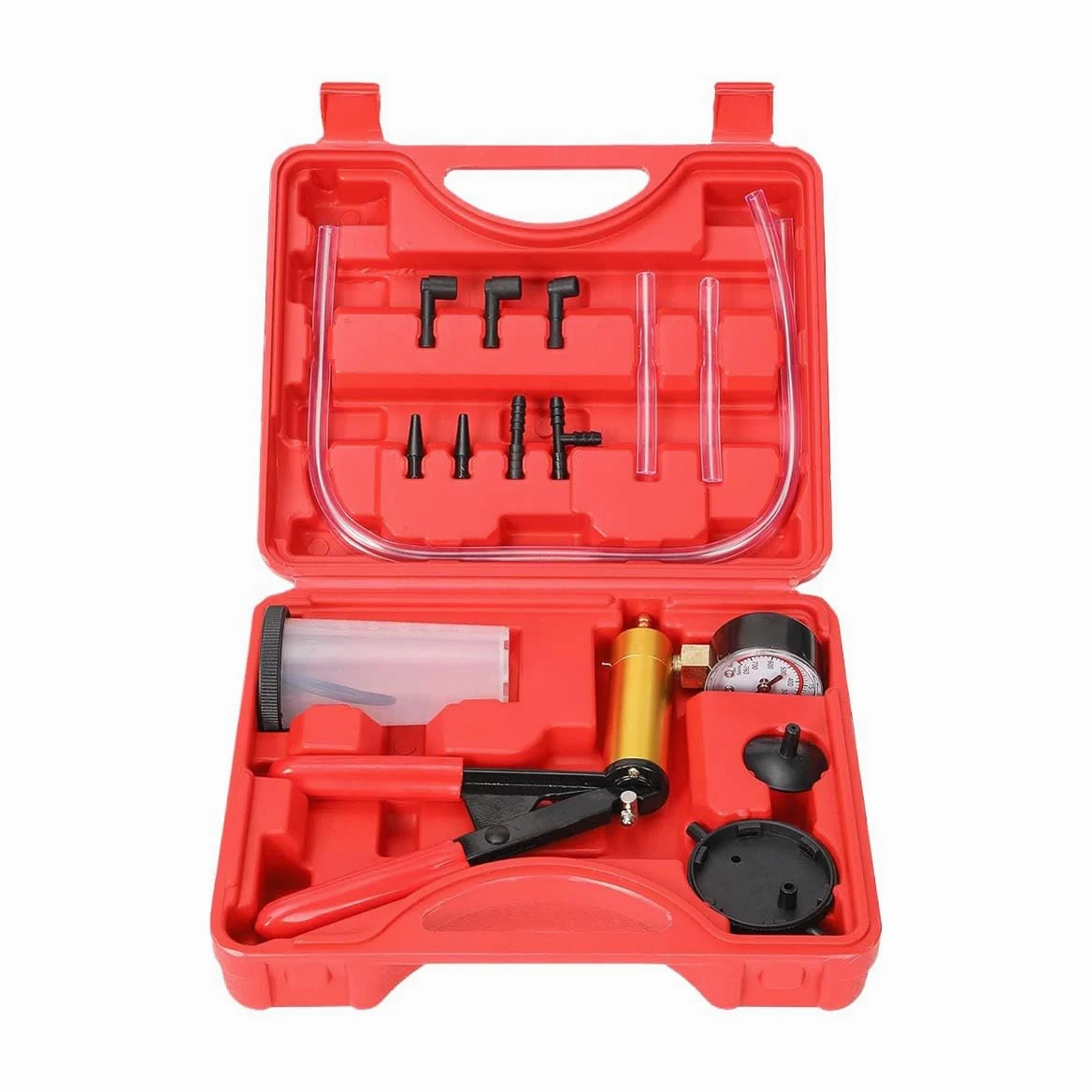 LAINLOY Kit de purga de frenos 2 en 1, sistema de purga de freno y embrague, kit de purga de líquido de frenos con adaptadores, bomba de vacío de mano, funda protegida, juego de prueba de bomba de