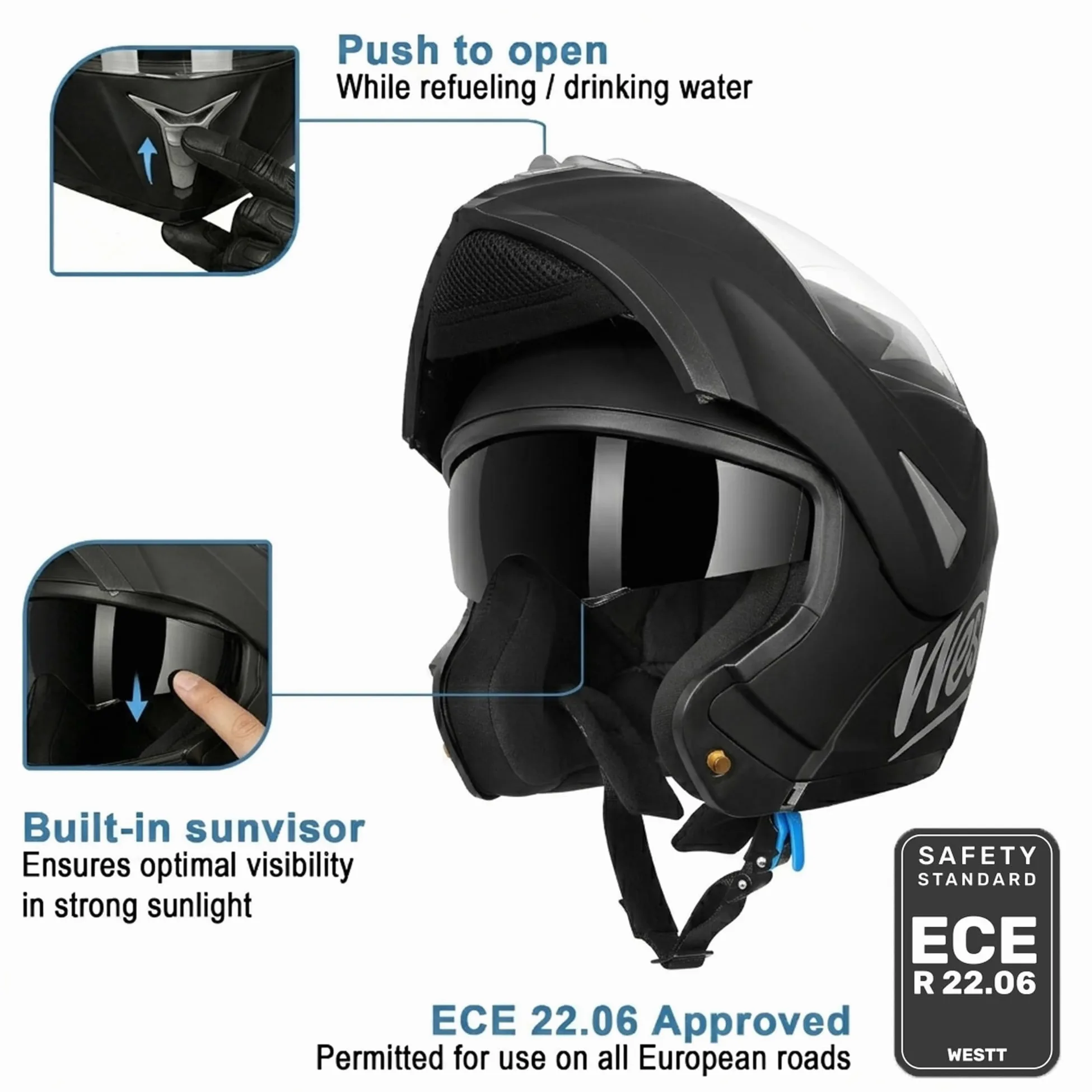 Westt Casco Modular Moto con certificación ECE 22.06 Casco Integral con Viseras Dobles, Casco de Moto para Hombre y Mujer, Casco Jet con mentonera y Forro Lavable, para Scooter, ciclomotore y Scooter