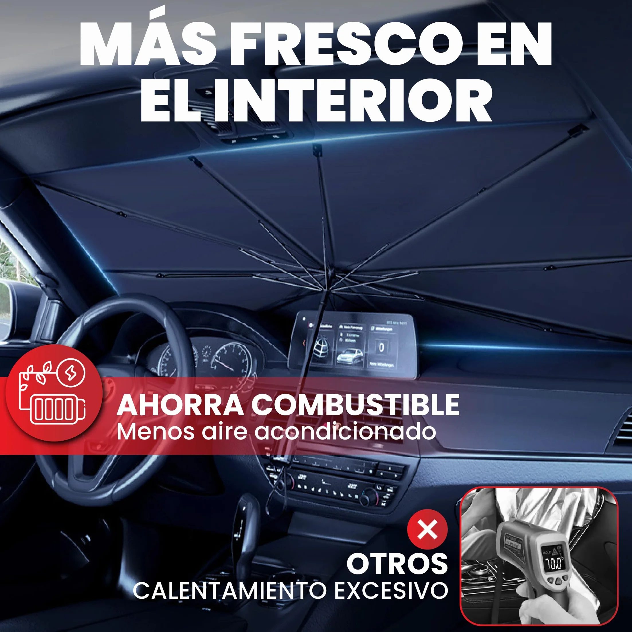 Parasol Coche Delantero 140 cm x 80 cm, Protector Solar de SUV y Camión, Parasol Paraguas Coche de Poliéster, Plegable con Eje Giratorio 360º y Revestimiento de Titanio, Resiste a los Rayos UV