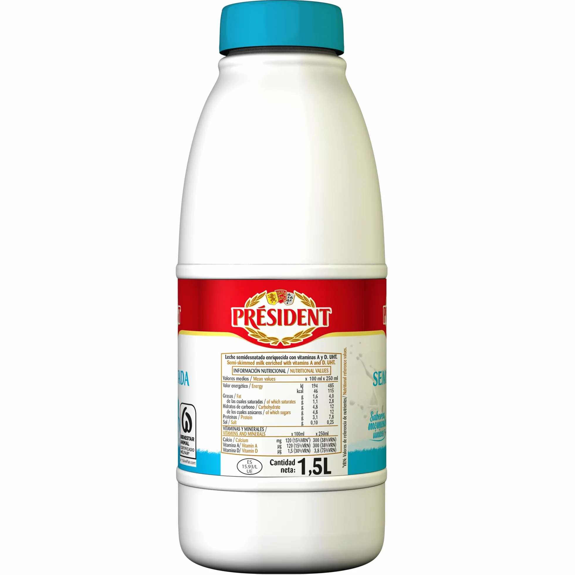 Président Leche Semidesnatada de Bienestar Animal UHT Pack 6 x 1,5L