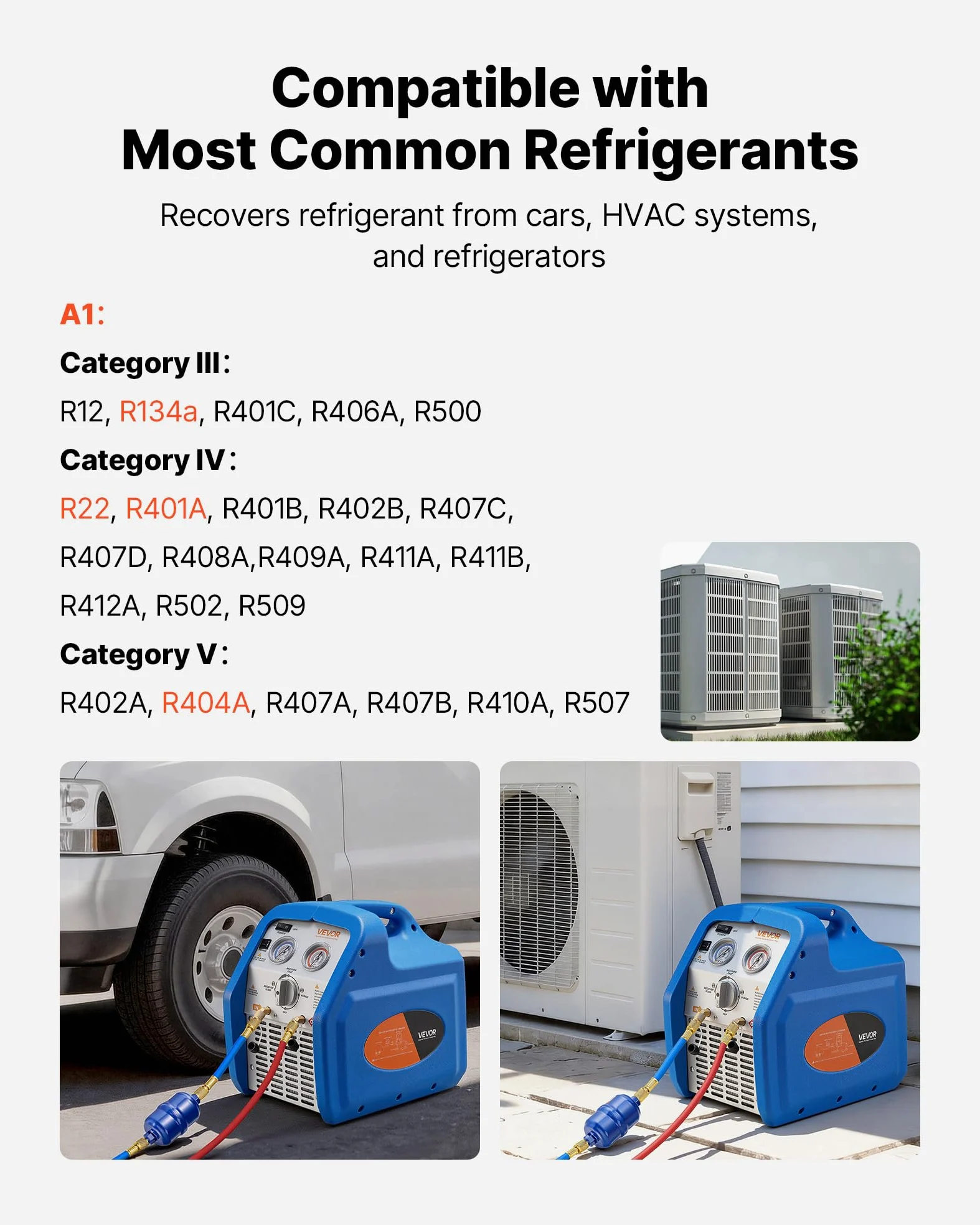 VEVOR Máquina Portátil de Recuperación de Refrigerante 3/4 HP, Máquina de Recuperación con Protección de Alta Presión 2,2 kg/min Velocidad de 1450 RPM, Cilindro Único, para Vapor Líquido Refrigerante