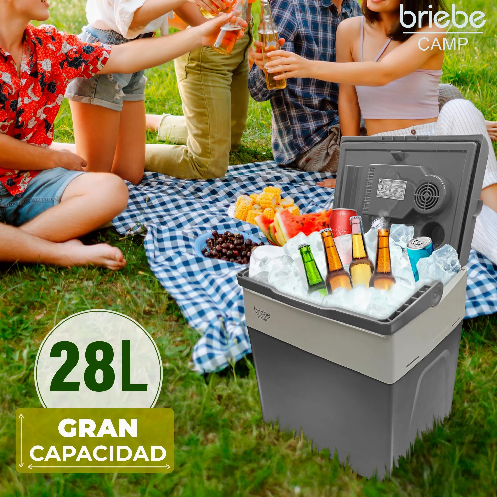 briebe Nevera Portátil Eléctrica de Viaje para Coche, Camping, 12V / 220V, Capacidad 28 litros, Refrigera, Mantiene el Calor, Modo Bajo Consumo