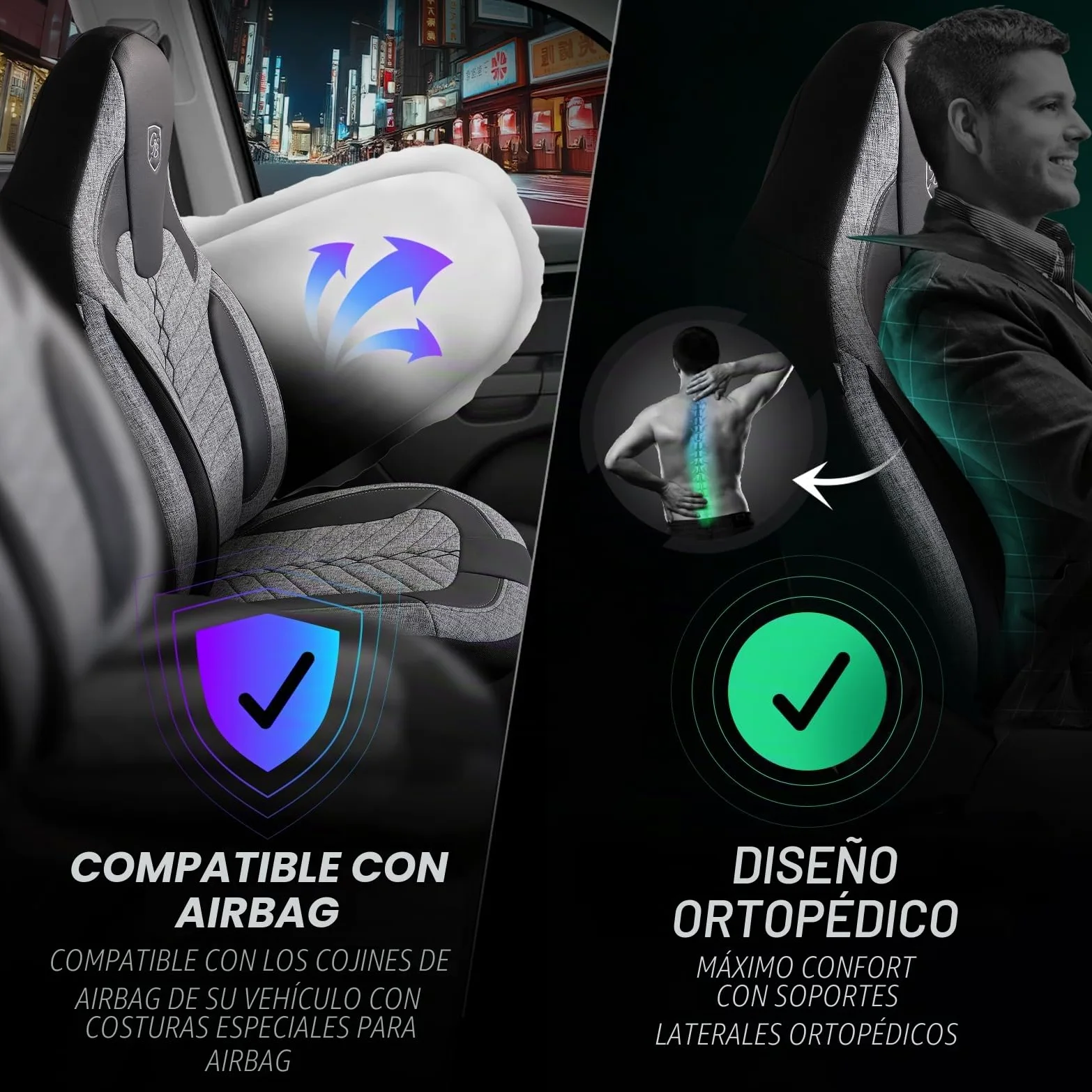 Fundas de asiento de coche universales para coches y SUV – Fundas para asientos delanteros de coche, de lino, gris-negro, compatible con airbag, funda para asiento de coche, juego