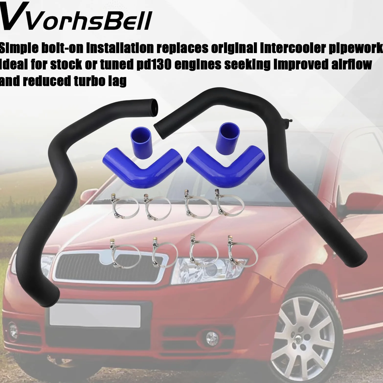 Kit de tubos intercooler de 57 mm compatible con Skoda Fabia MK1 6Y 1.9TDI VRS PD130 2002-2009, tubos duros de aleación de montaje frontal, mangueras de silicona, abrazaderas de perno en T