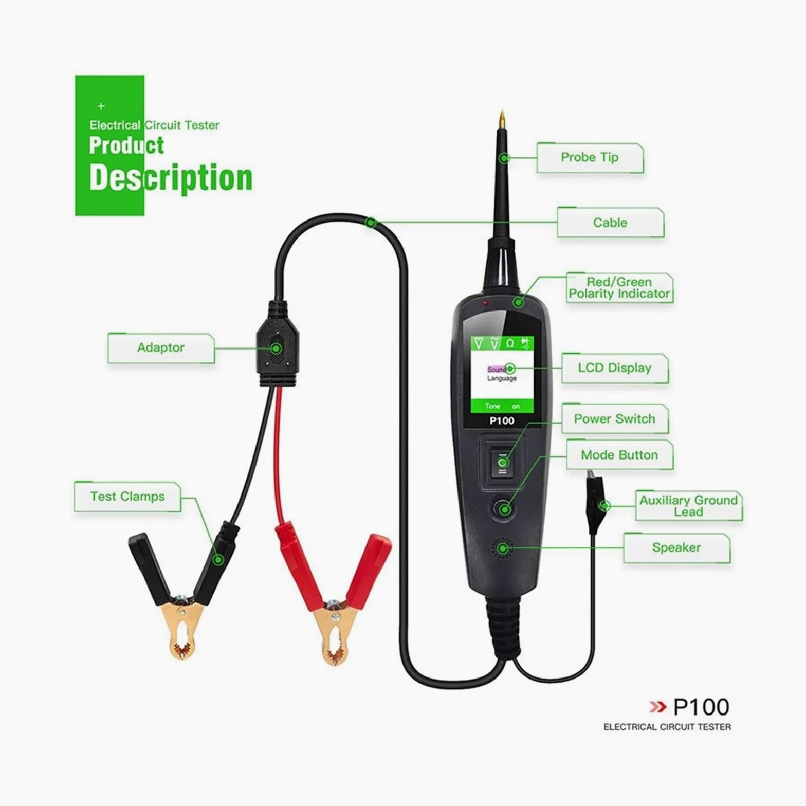 Comprobador de baterías de coche, Instrumento de diagnóstico circuitos camiones, motocicletas y automóviles P100, herramienta mantenimiento for pruebas cortocircuito, comprobador vehículos(10m tester)