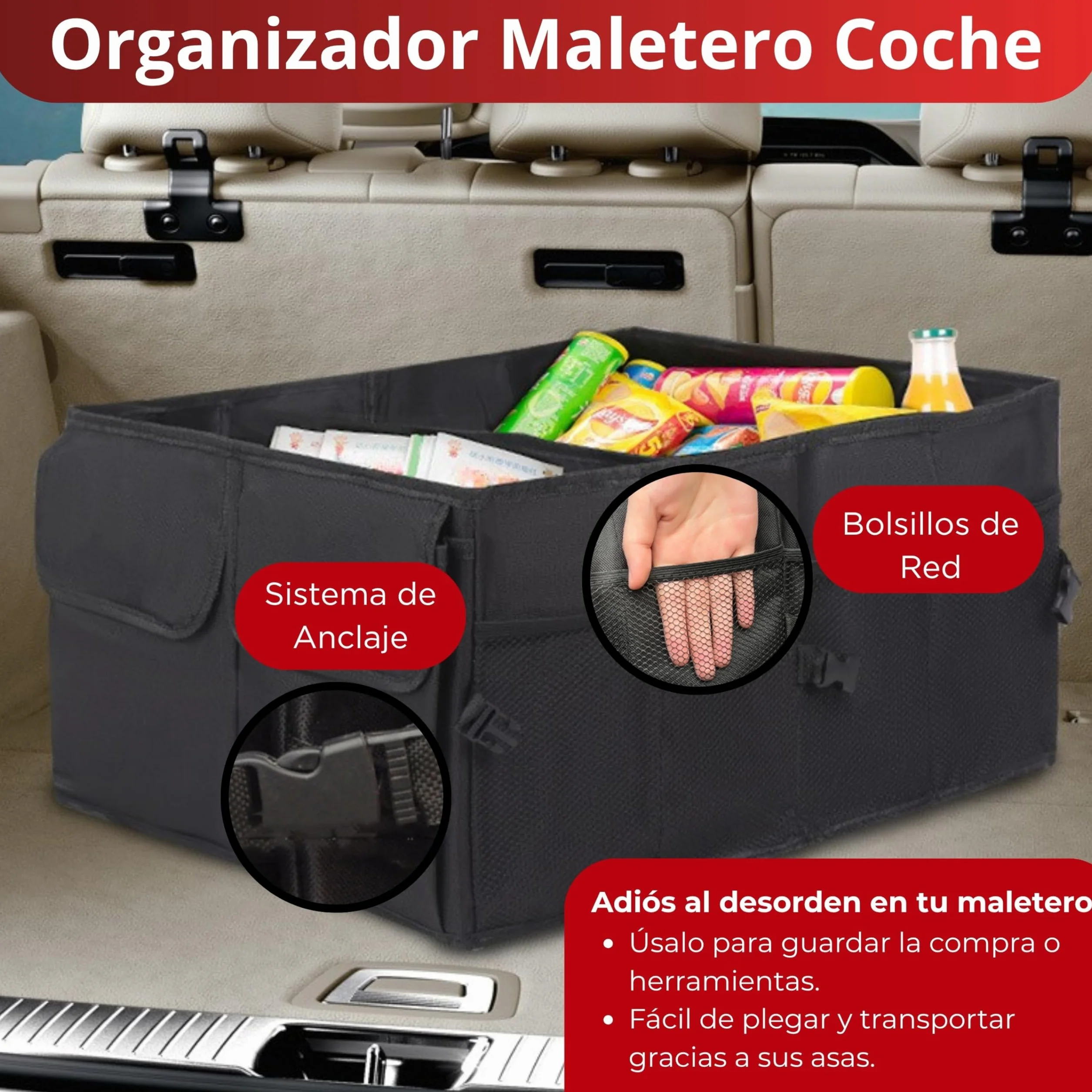 Organizador Maletero Coche Plegable - Flexible - Impermeable | 3 Compartimentos y 6 Bolsillos │ Asas Reforzadas │ Tamaño Adecuado para Coche, SUV o Furgoneta │ Mantén el Maletero Ordenado