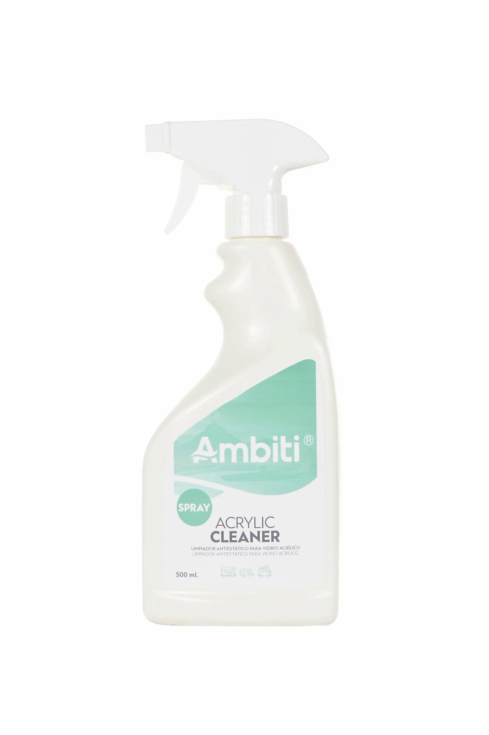 Ambiti Acrylic Cleaner | Limpiador Antiestático e Higienizante para Cristales y Claraboyas Acrílicas | Autocaravanas, Caravanas y Campers | Secado Rápido | 500 ml