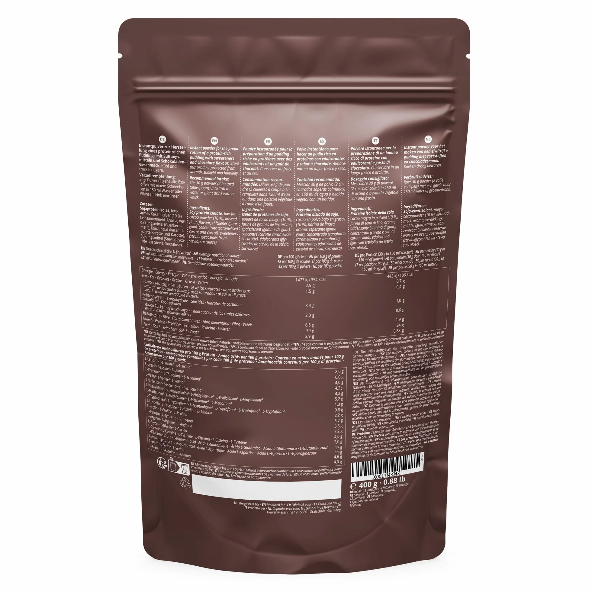 Pudin proteico Chocolate vegano 400 g 24 g Proteínas por Ración alto en Proteínas sin Lactosa y Gluten