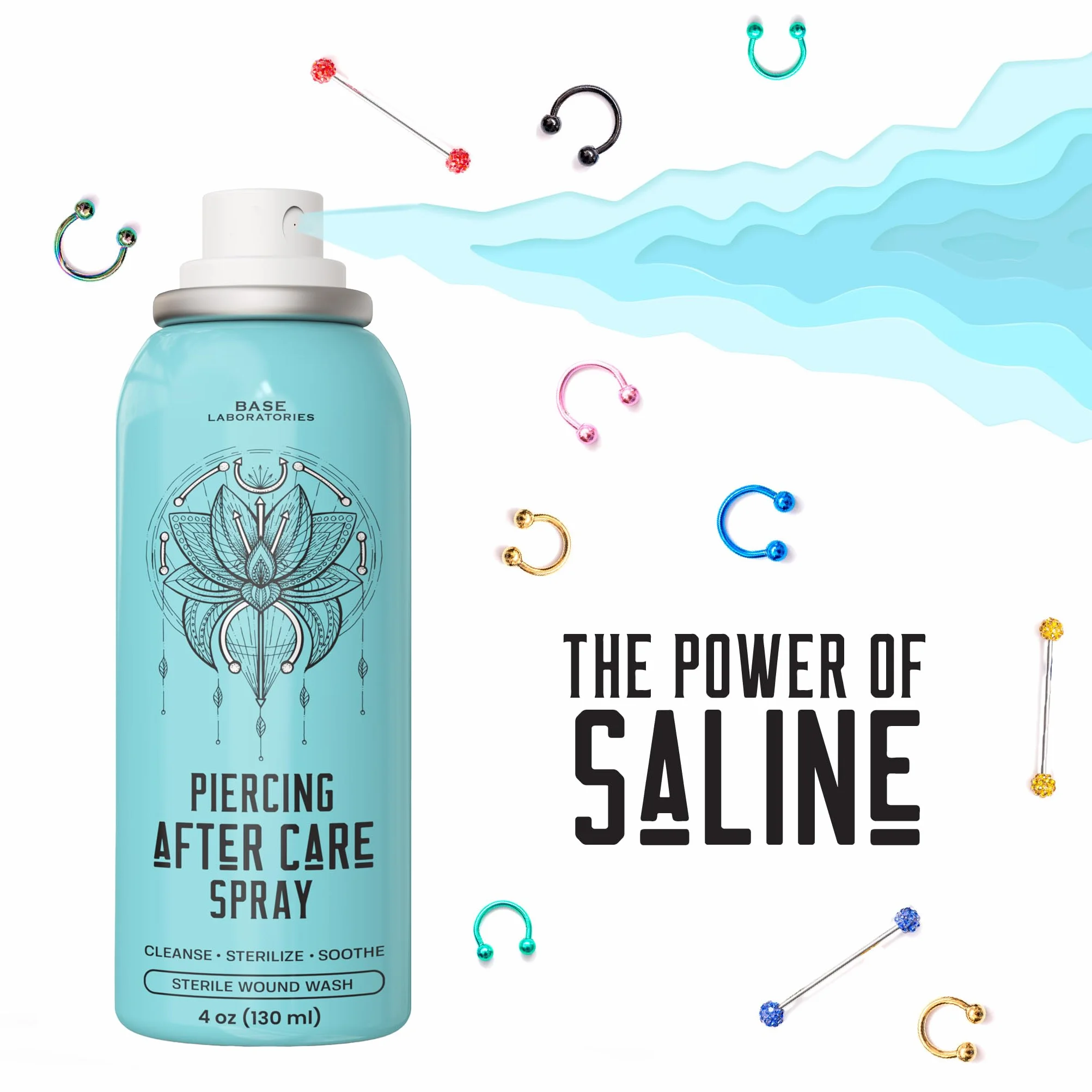 Base Labs Spray Cuidado Posterior Perforación Sal Marina 4oz Limpia Esteriliza Calma Solución Salina Piercings