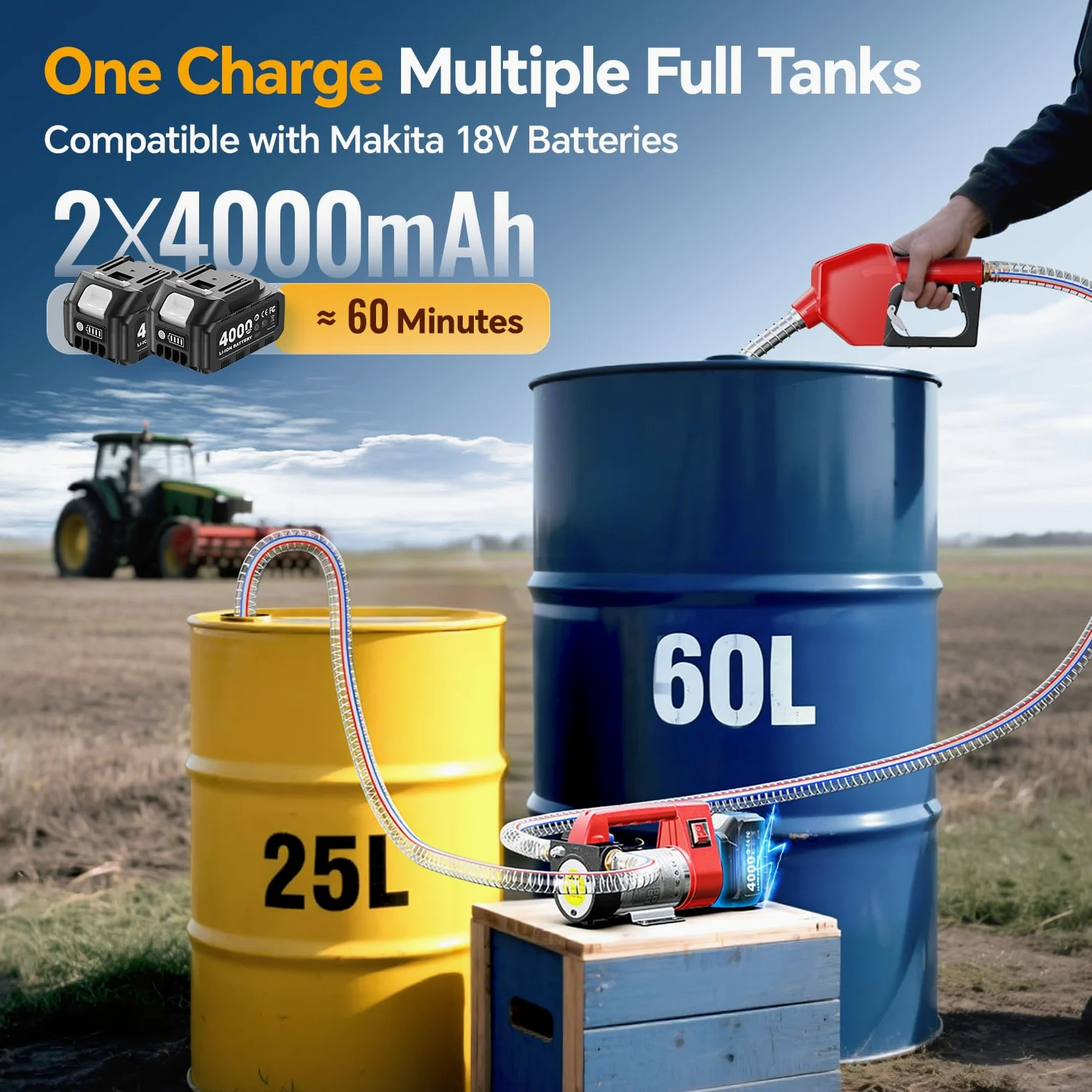 TaskStar Bomba de transferencia de combustible alimentada por pilas, kit de bomba eléctrica de 45 l/min con 2 baterías de 4.0 Ah y cargador, portátil inalámbrico con boquilla de apagado automático y 2
