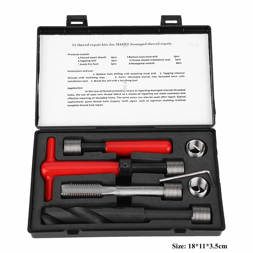 Kit de Reparación de Roscas, M16x2 Acero Inoxidable Taladro Retorcido Llave de Rosca Herramienta de Inserción Roscada Kit de Inserción de Rosca Helicoidal Para Reparación de Roscas