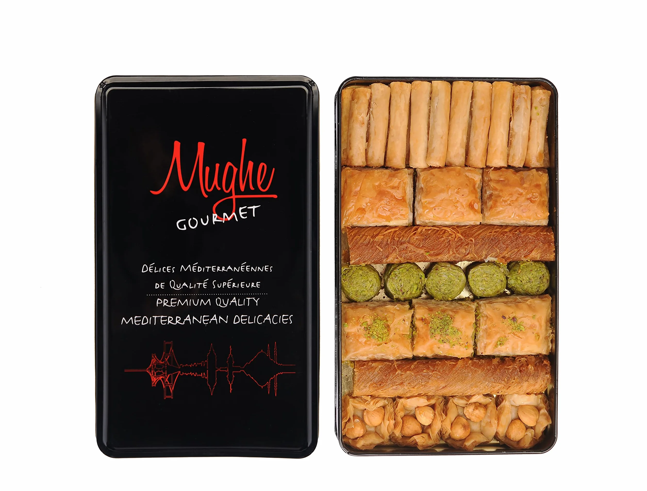 Mughe Gourmet Caja de Regalo Elegante de Lujo Baklava Turca 600g Pistacho Anacardo