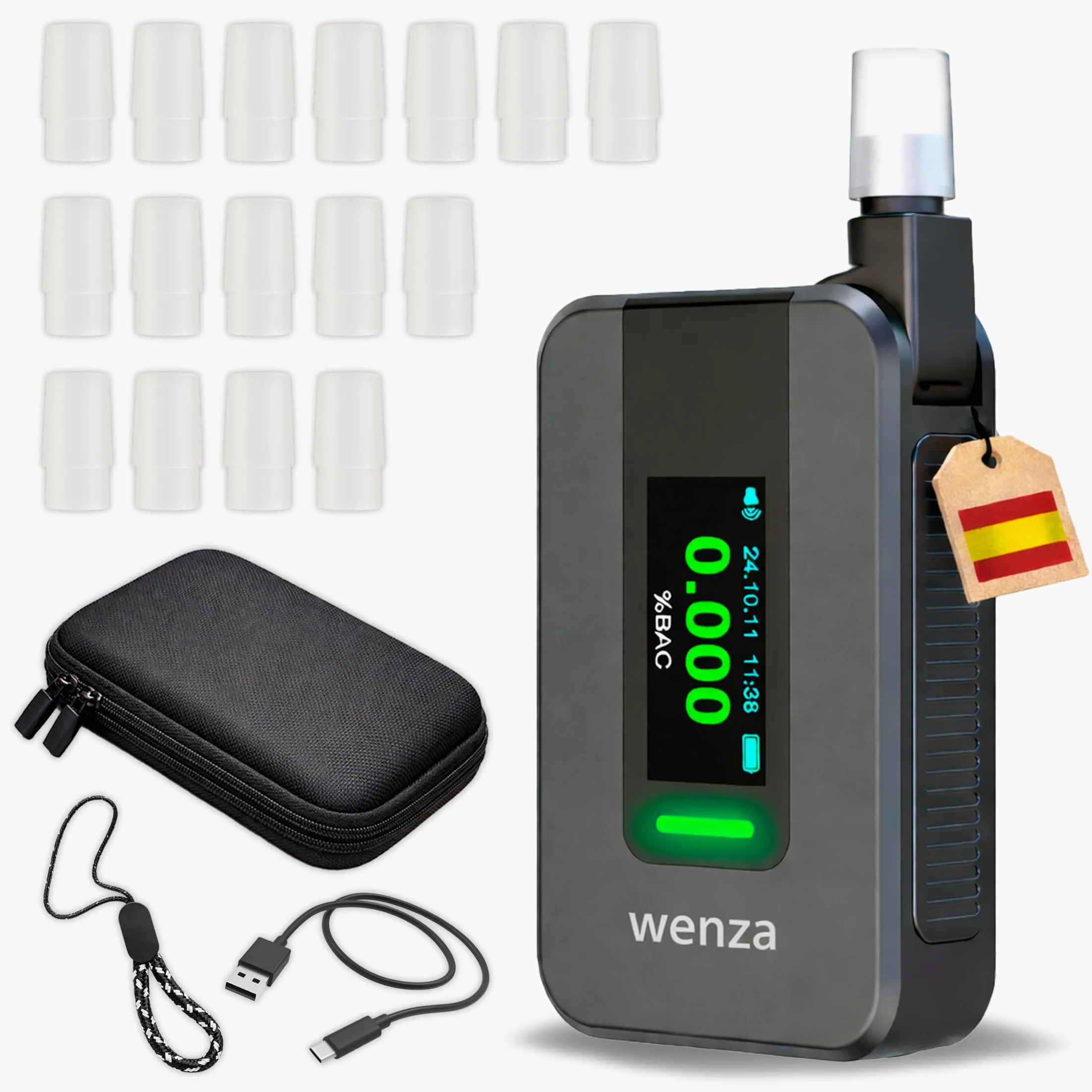 WENZA Alcoholímetro Homologado España con Sensor Electroquímico de Alta Precisión - Etilómetro Digital Recargable con Pantalla LCD