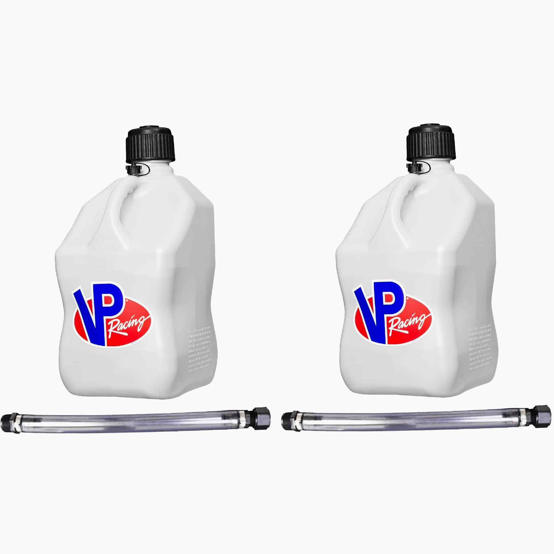 VP Racing Fuels - Contenedor cuadrado de 5 galones para deportes de motor, color blanco y manguera estándar de 14 pulgadas (paquete de 2)