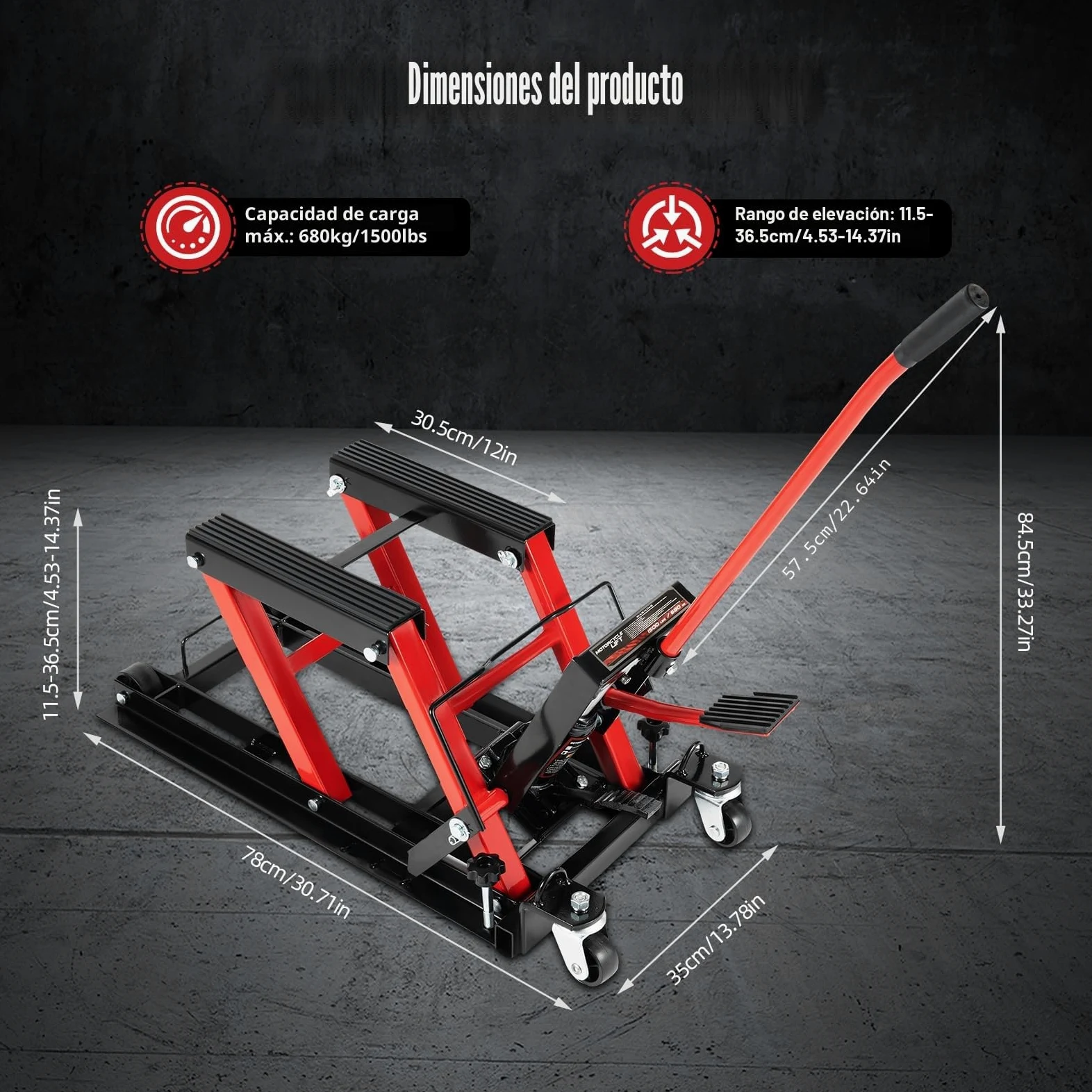 MINRS Plataforma elevadora de motocicleta, hidráulica de hasta 680 kg, elevación hidráulica de motocicleta de 115 a 375 mm, rango de elevación, hidráulico ATV, motocicleta, soporte de montaje