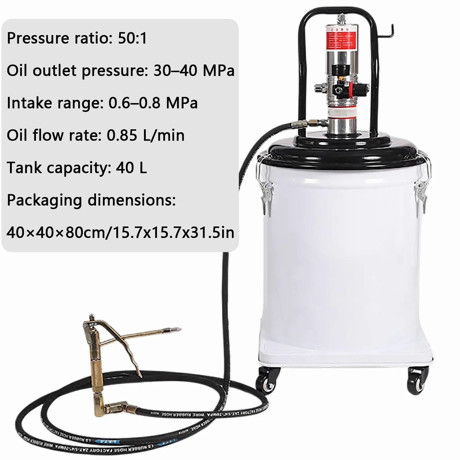 Bomba Dispensadora de Grasa Neumática con Pistola de Engrase | 40 L, Caudal de 0,85 L/min, Relación de Presión de 50:1, Para el Mantenimiento de Vehículos