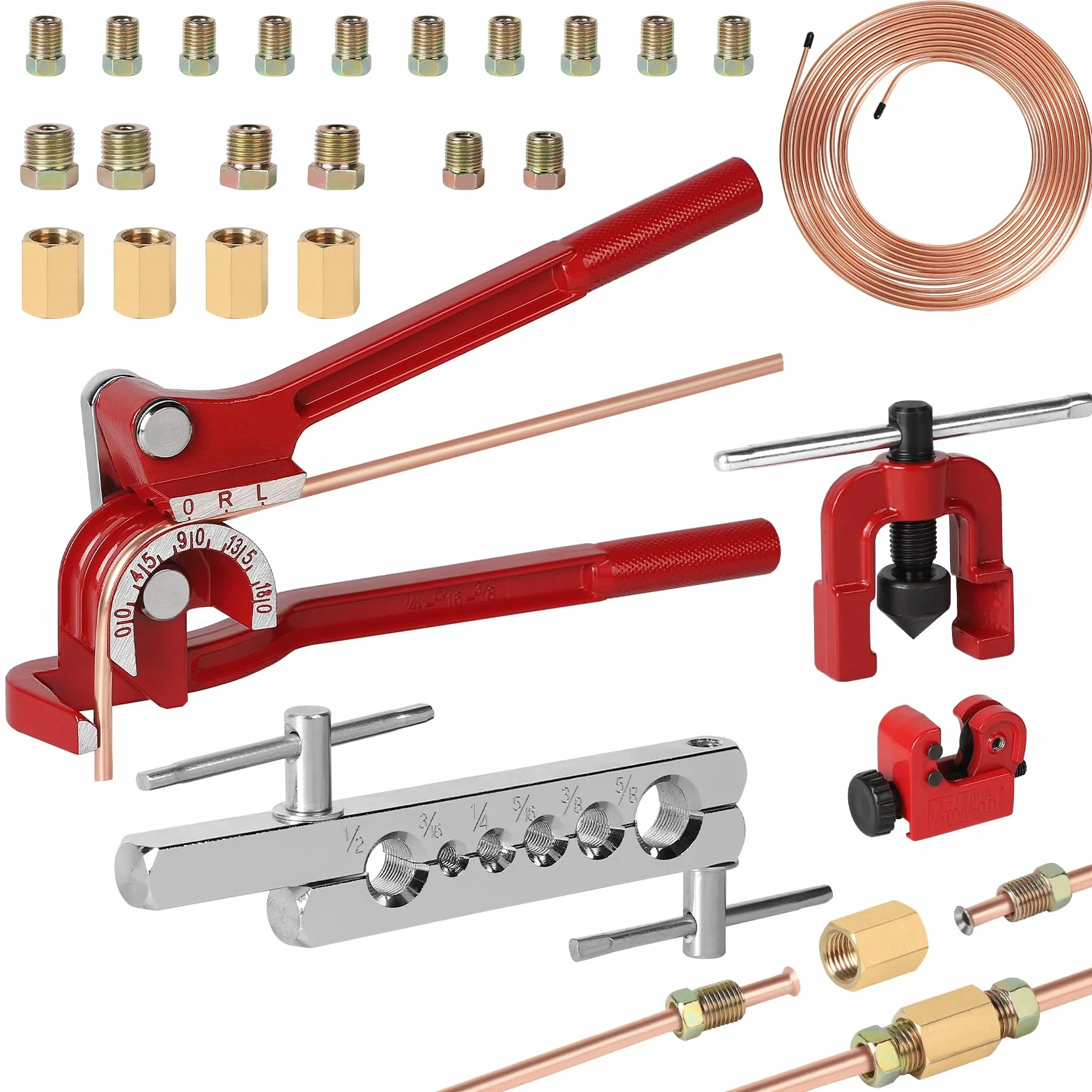 efuturetime Herramienta Ensanchamiento para Mangueras de Freno con Dobladora de Tubos, 7,6 m de Líneas de Freno, Mini Corta Tubos 3-16 mm, 16 Conexiones de Tornillo, 4 Conectores, Flangeado Simple