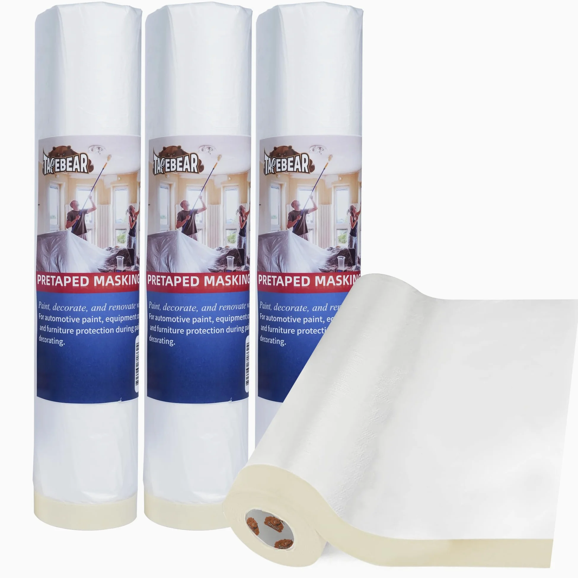 TAPEBEAR Película Pretapeada para Pintura 2600mm x 27m, 4 Rollos, Film Protector para Automóviles, Suelos y Electrodomésticos, Enmascarado Profesional, Grosor Mejorado