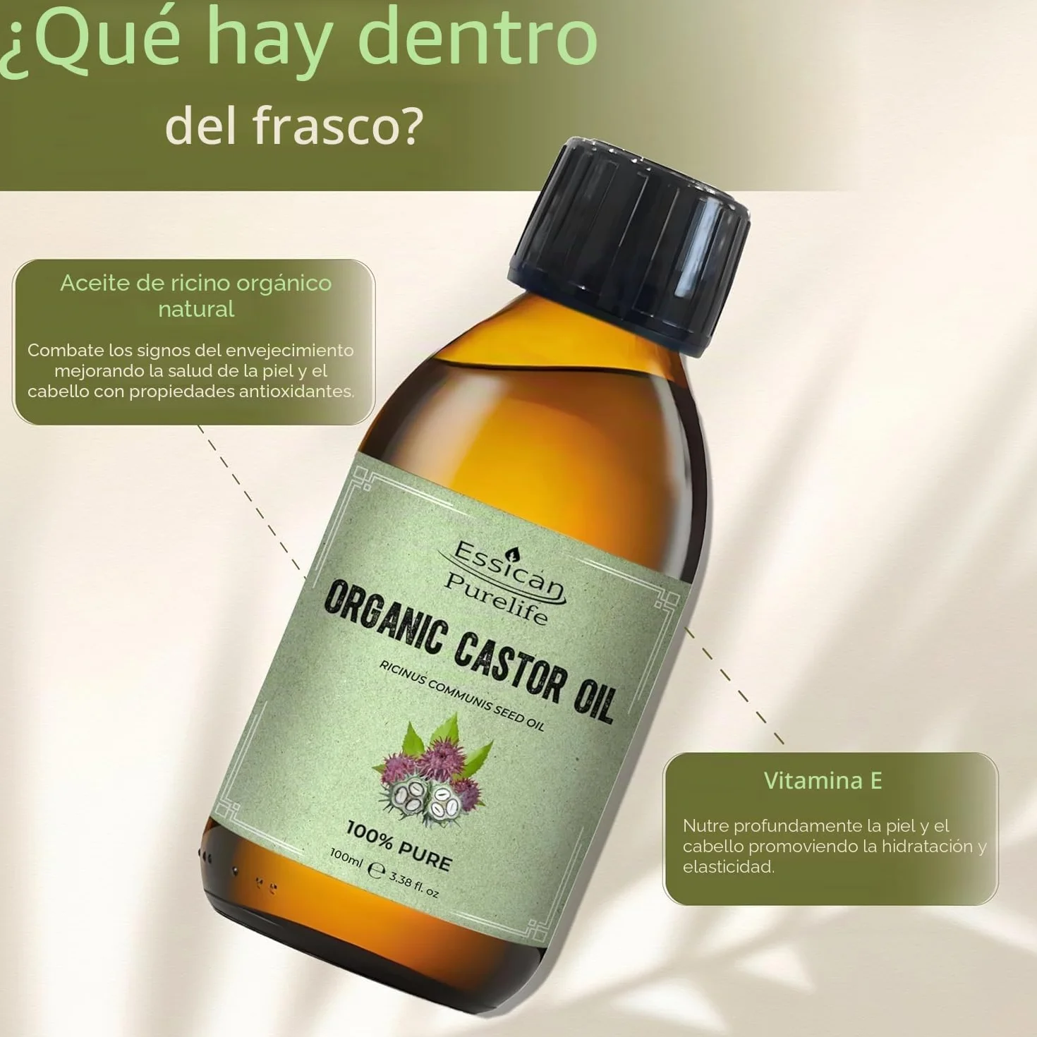 Aceite de Ricino Orgánico Sin Hexano 100ml Botella de Vidrio para Piel y Cabello