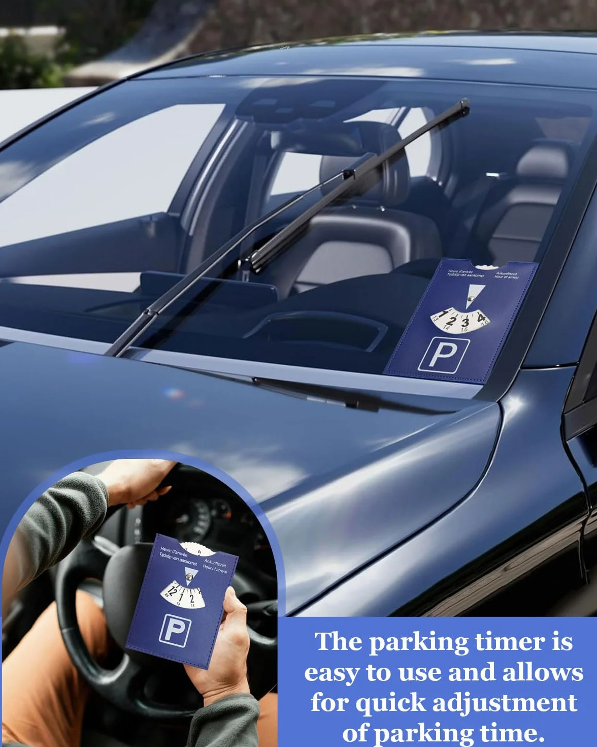 GRETY Disco Horario de Lujo Grande para Estacionamiento, Modelo Europeo Multilingüe, en Cuero Sintético Suave al Tacto, 10x13cm, para Coche, Moto, Azul