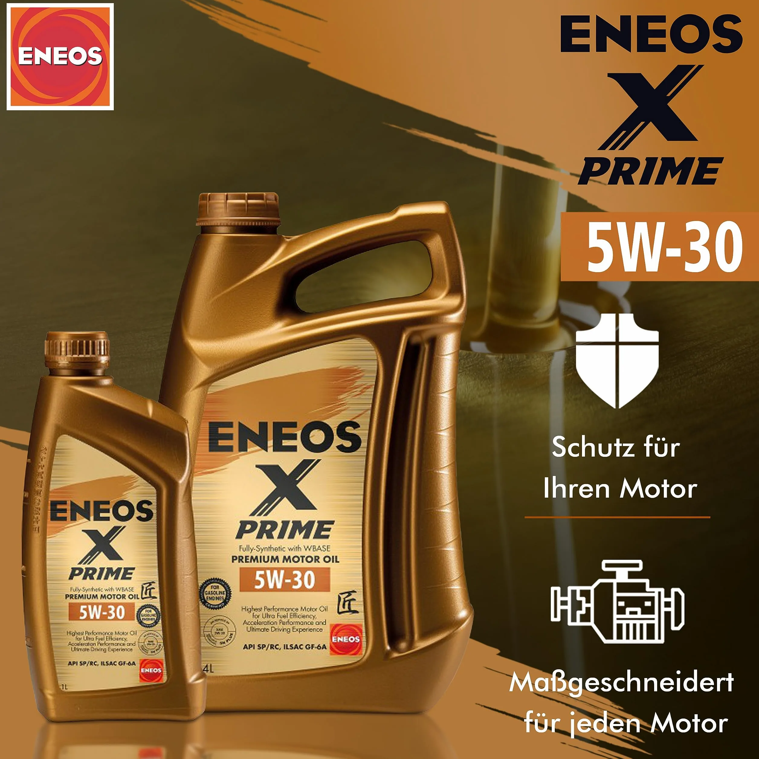 ENEOS Aceite de motor 5W30 Longlife X PRIME 5W30 Aceite 4L - Aceite de Motor 5W30, Protección del motor contra LSPI, 5W30, Aceite Completamente Sintético 5W30 Fórmula Extendida