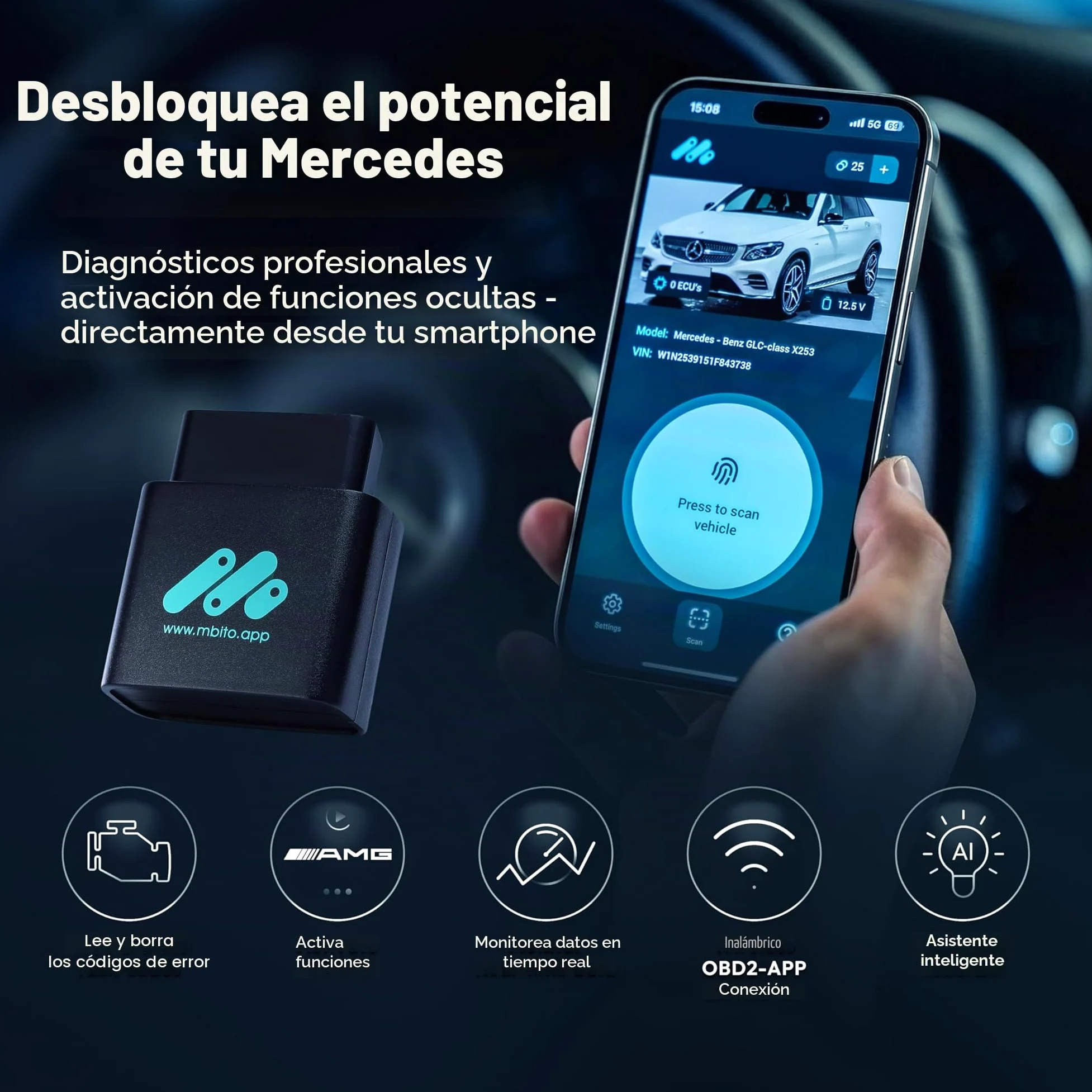 Escáner OBD2 Profesional MBito Bluetooth | Compatible con W204 W205 W212 W213 C117 X253 W166 | Diagnóstico y Codificación de Vehículos 2008-2024 | iOS Android