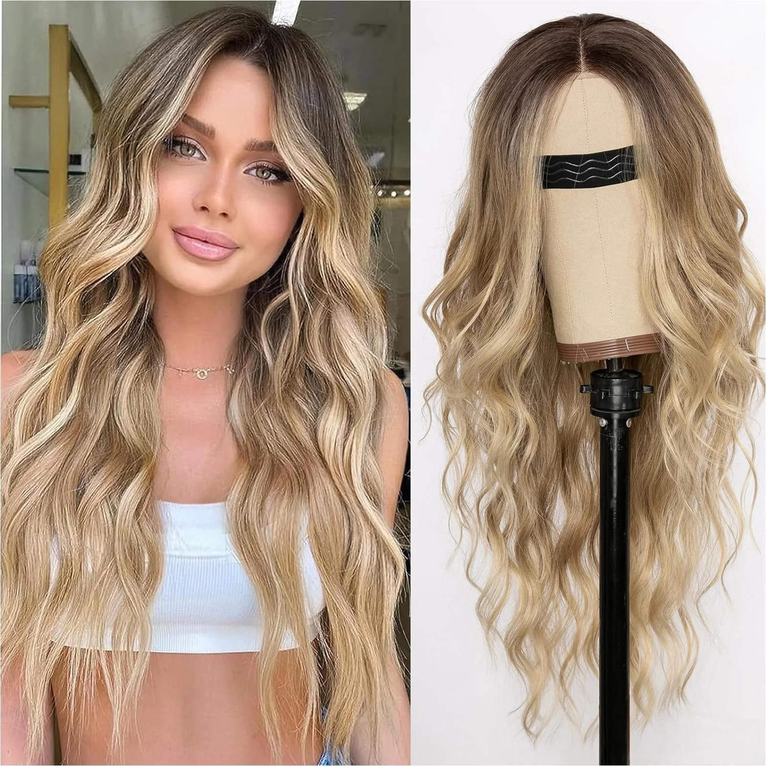 Peluca Sintética de Onda Natural Larga Ombre Marrón a Dorado para Mujer Carnaval Cosplay