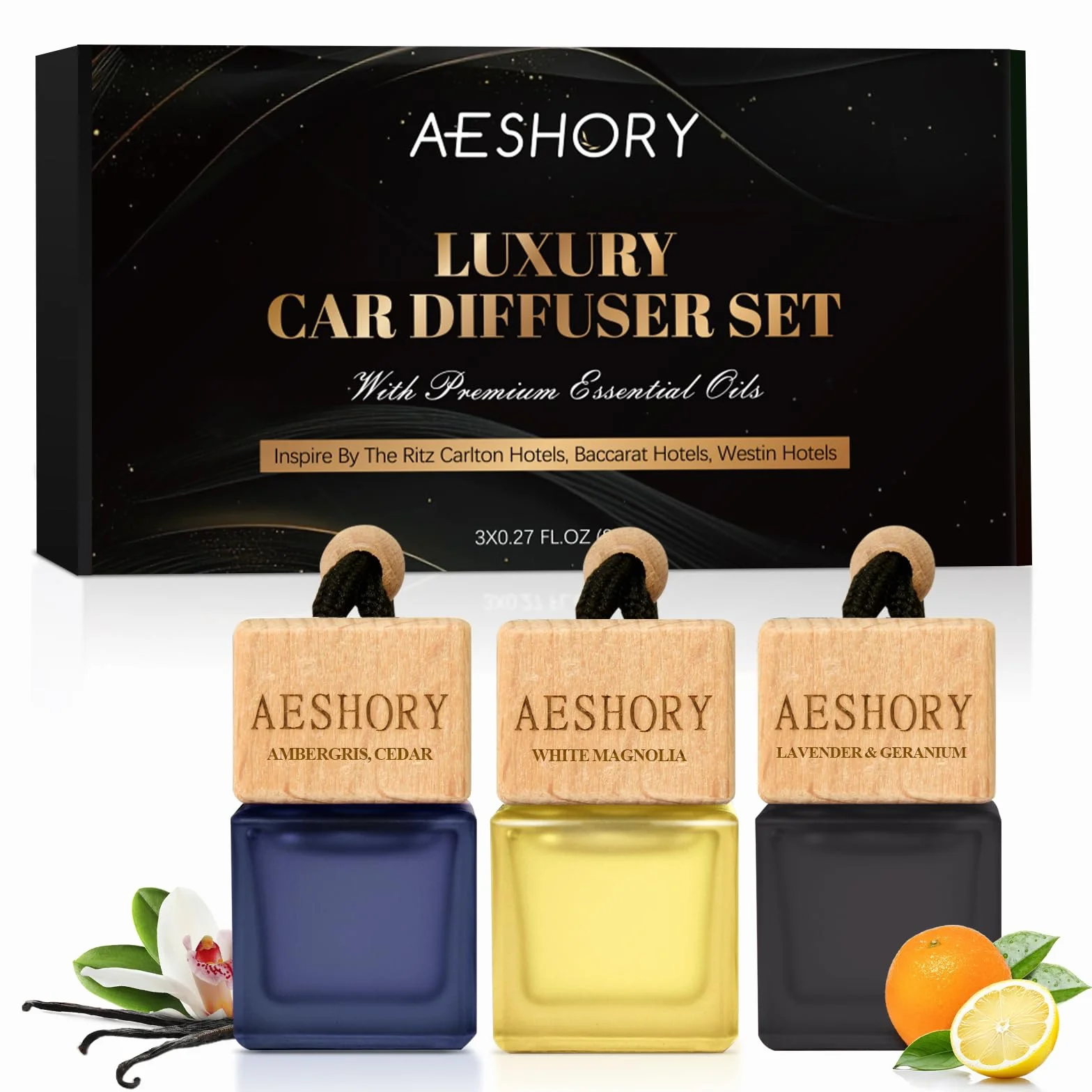 AESHORY Ambientador Coche Hotel 3 X 8ml, Aceites Esenciales Naturales Colgante para Automóvil, Ambientadores Coche con Absorbe Olores de Popular para Hoteles - Hotel Ritz Carlton, Baccarat, Westin