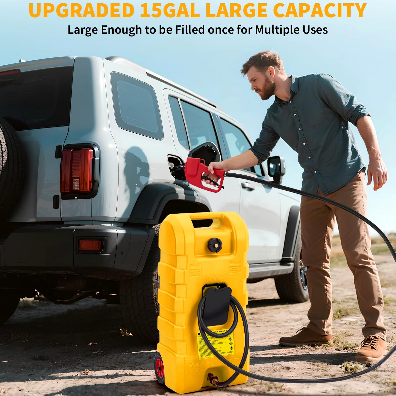 Bidón de combustible móvil con ruedas | Depósito de combustible HDPE con manguera de 10 pies, válvula de latón y pistola de combustible, bidón de gasolina, apto para coche, barco, ATV, cortacésped