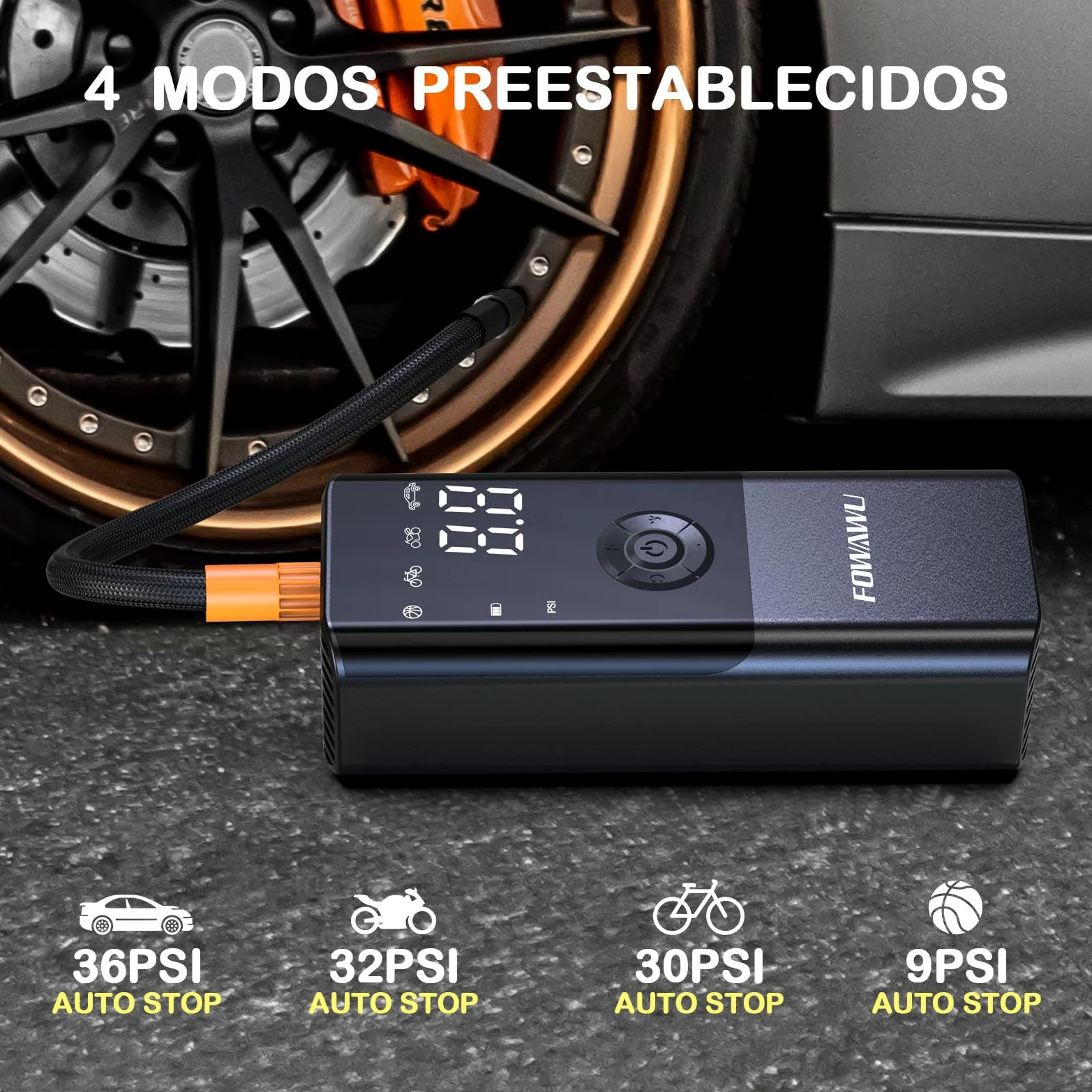 FOWAWU 6000mAh Compresor Aire Portatil, 150PSI 12V DC Bomba de Aire Bicicleta Electrica con gran pantalla doble LCD y Linterna LED, Inflador Ruedas Coche para Moto, Bicicletas, Pelotas