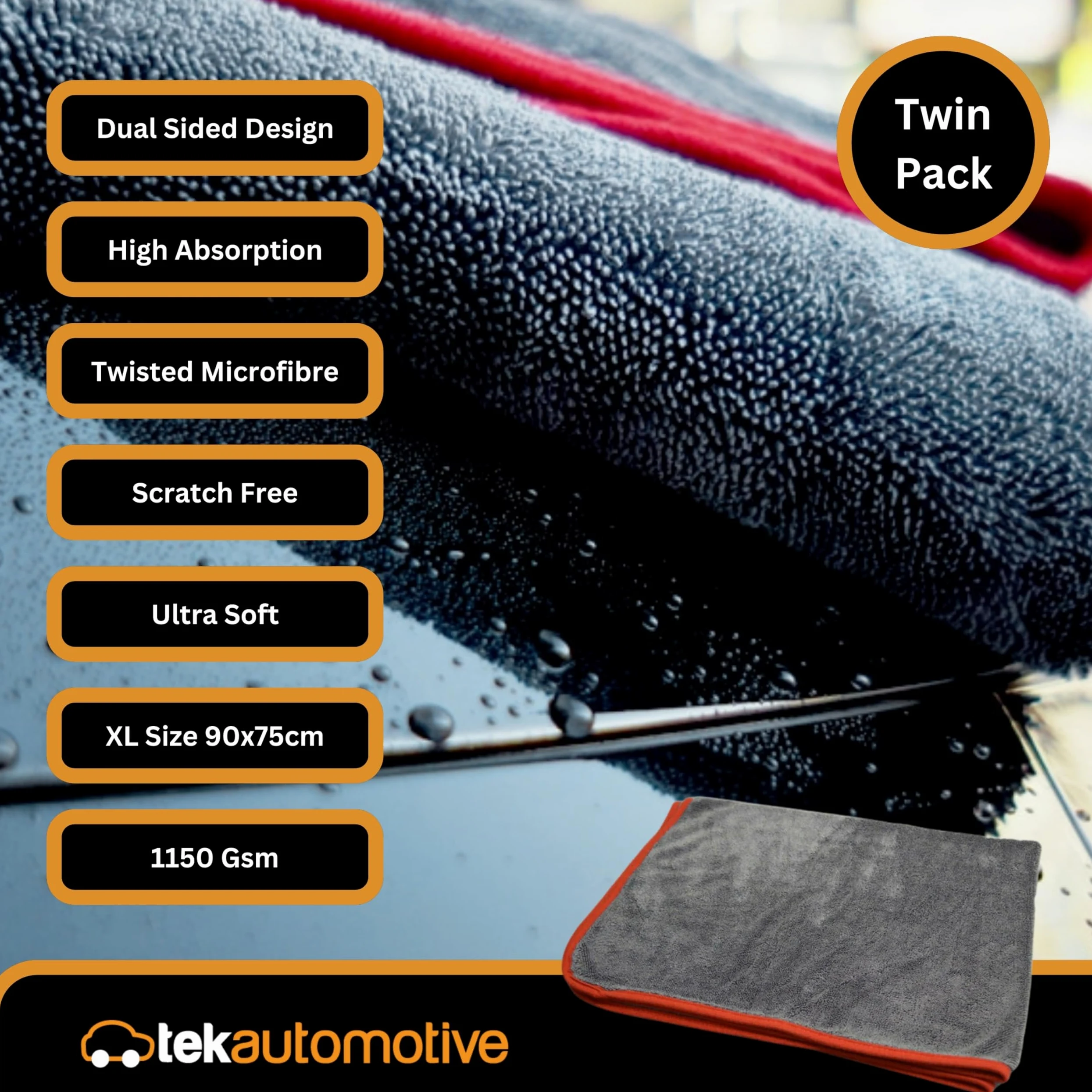 Tek Automotive Paquete de 2 toallas de secado de microfibra de triple torsión, ultra absorbentes, sin arañazos, extra grandes, 90 x 75 cm, toalla de secado de coche para limpieza, detalles y pulido