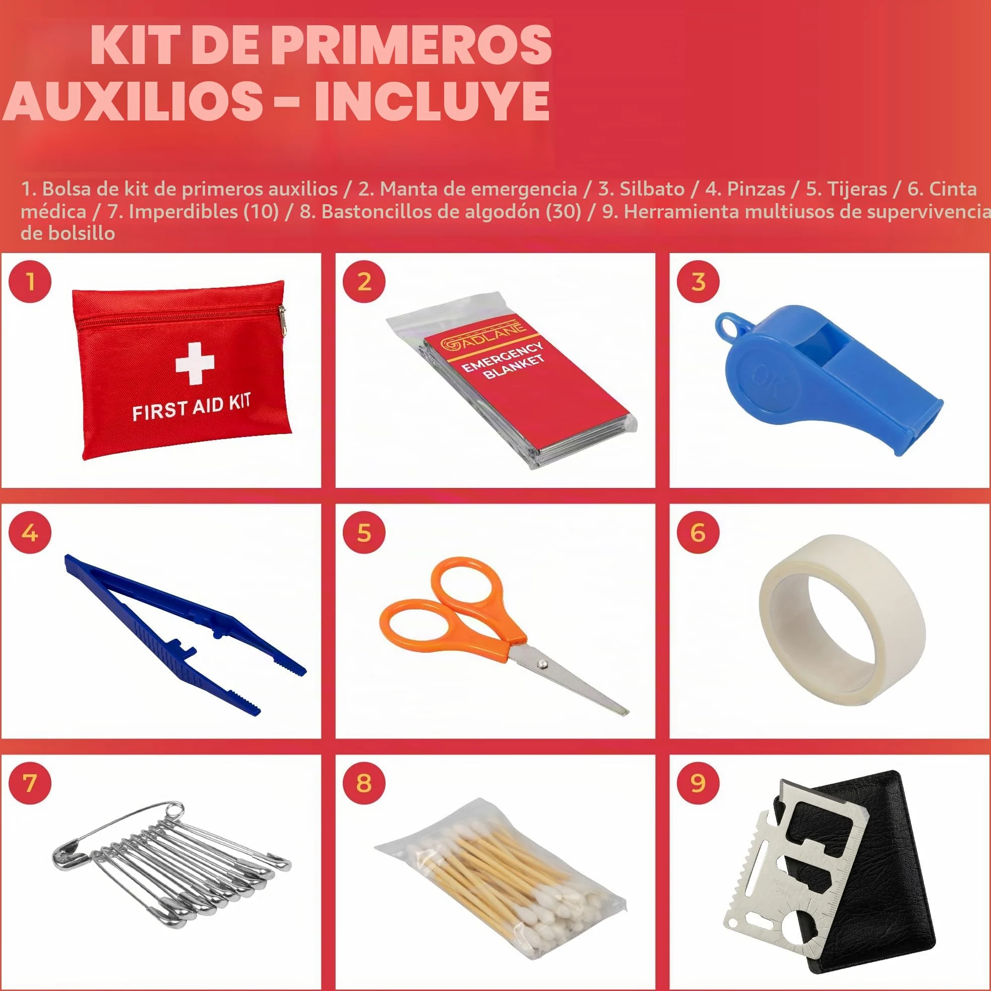 GADLANE Kit de emergencia para avería de coche - Gran kit de emergencia en carretera con triángulo de advertencia, cables de puente, cuerda de remolque, botiquín de primeros auxilios, martillo de