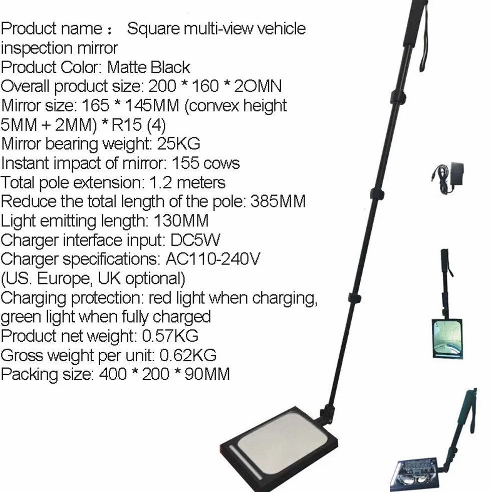Espejo de inspección de Bajos de vehículos Home Care - con luz LED, Espejo de inspección de Bajos - Mango retráctil Ajustable, Equipo Visual para vehículos, Recargable,