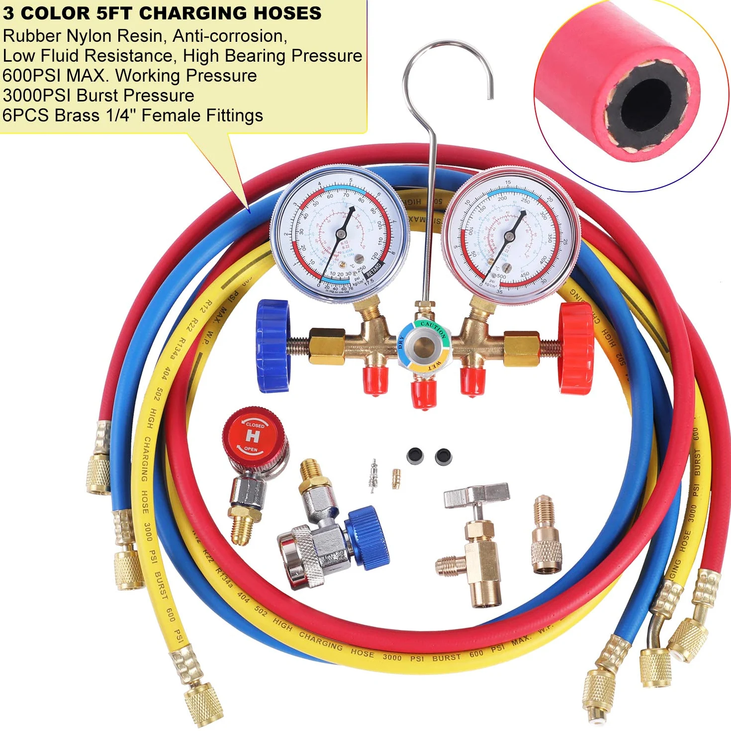 JIFETOR - Juego de 3 maneras de CA para refrigerante R12 R22 R404A R134A, con manguera de 5 pies, acoplador rápido ajustable, puede grifo y adaptador Acme