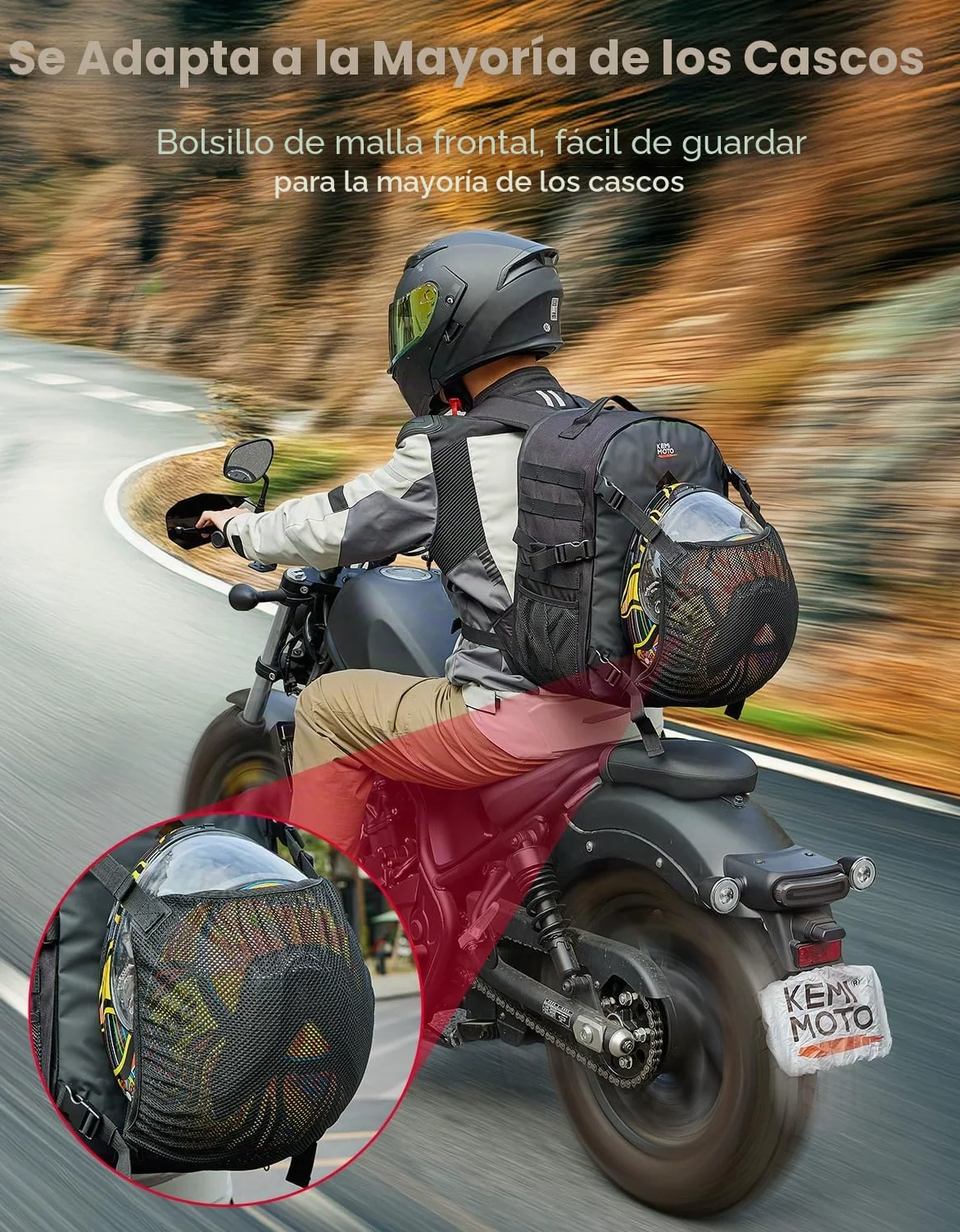 KEMIMOTO Mochila Casco de Moto, Bolsa de 35L con Red Oculta, Soporte Grande para Cascos