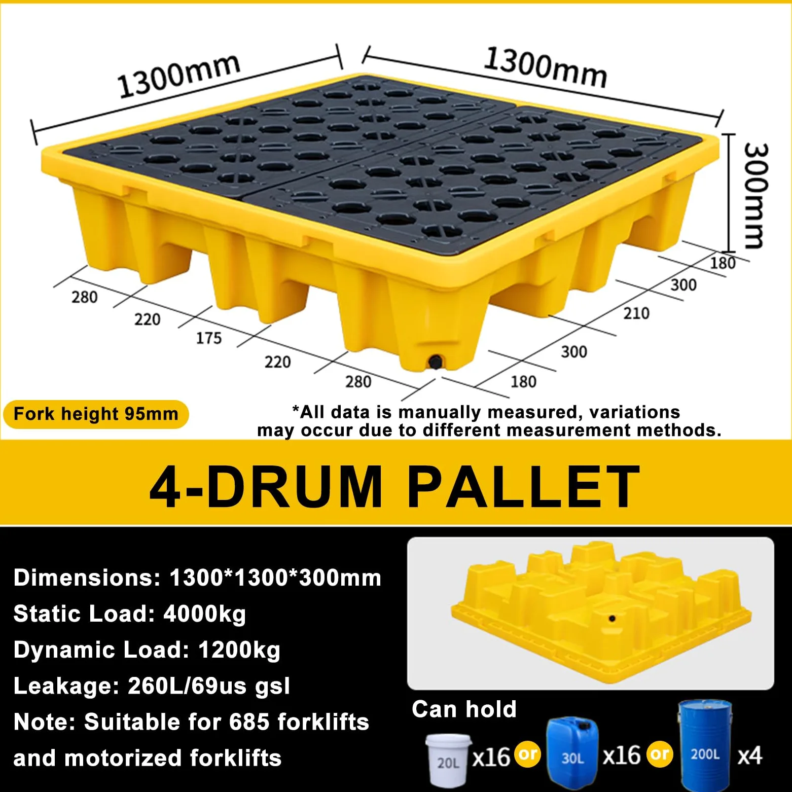Bandeja De Contención De Derrames De Aceite, Plataforma Modular Resistente con Desagüe Y Soportes para Montacargas, Ideal para Almacenamiento En Garaje, 72 X 7,130 * 130 * 30cm