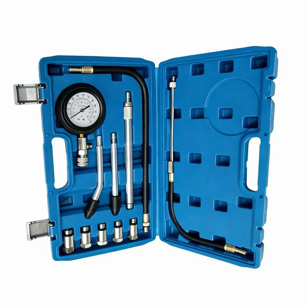 KiraKira Kit de comprobador de compresión de motor de coche, 300 PSI, juego de medidores de conexión rápida con adaptadores de 18 mm, 14 mm, 12 mm, 10 mm, 16 mm, cilindro de detección de fugas