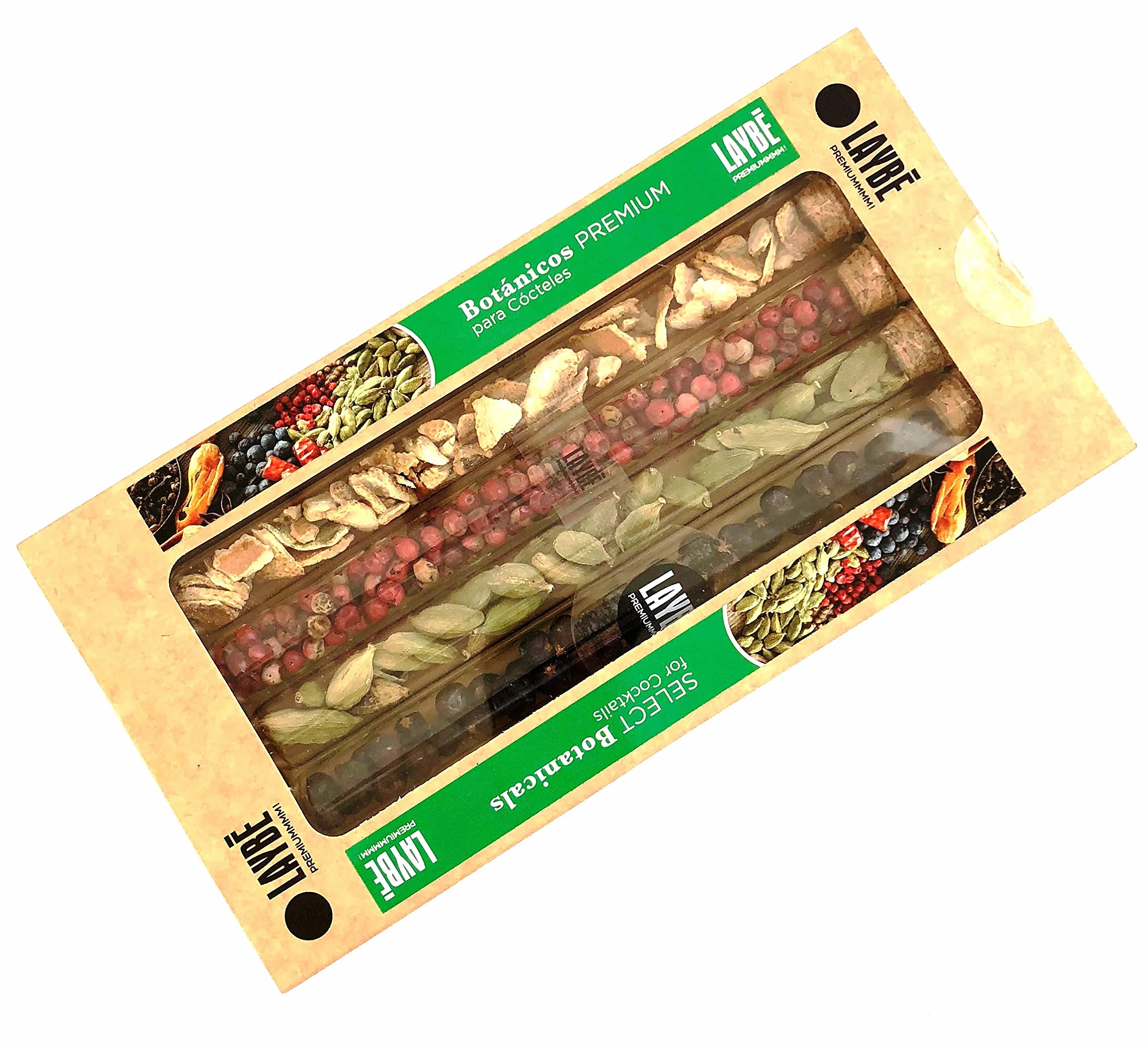 LAYBE ESTUCHE Botánicos Premium Cócteles Pimienta Rosa Brasil Cardamomo Verde Corteza Naranja Enebro Bayas