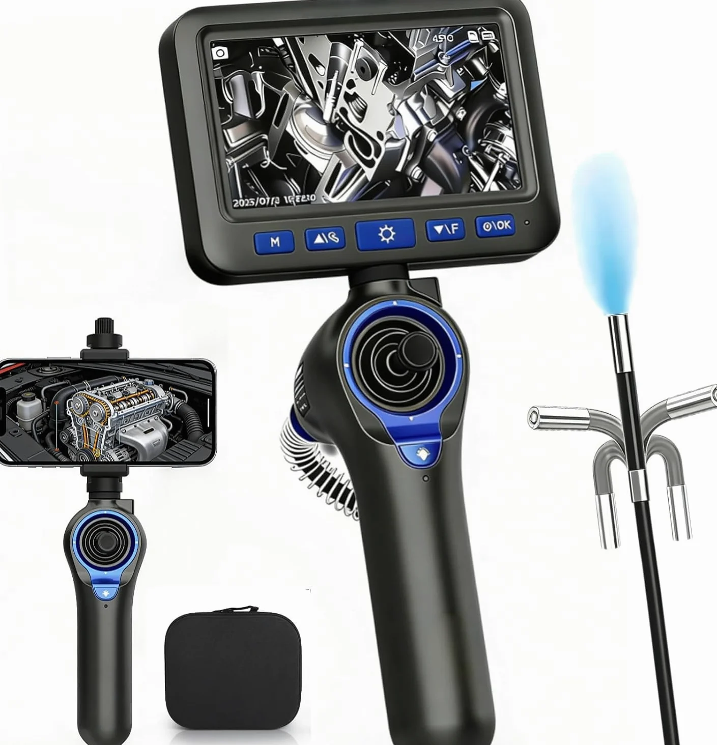2-IN-1 Endoscopio, 𝟏𝟎𝟖𝟎𝐏 𝐈𝐏𝟔𝟕 𝟔 𝐋𝐄𝐃 Cámara de Inspección Borescopio 360° 4 Vías, 6,2 mm Sonda Delgada, 5 Pulgadas HD – Reparación de Coches, Mantenimiento HVAC