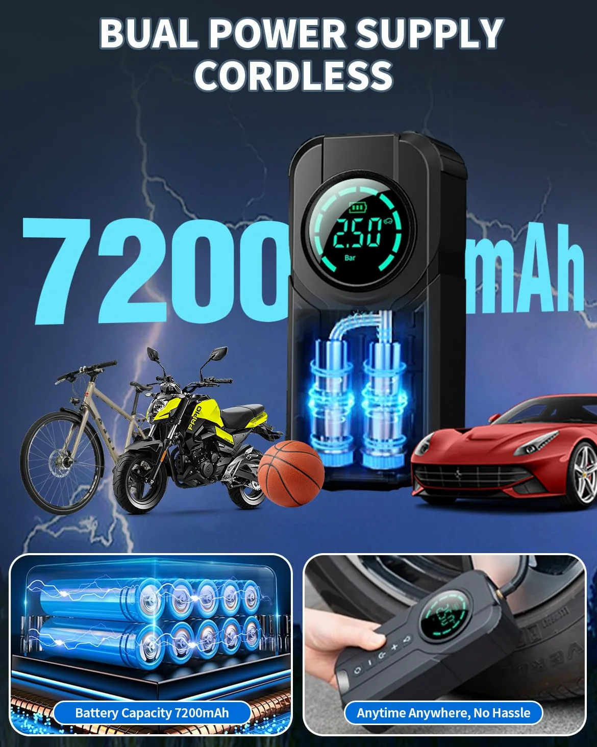 VICKSONGS Dual-uso Compresor Aire Electrico Portatil, Recargable Inflador Ruedas 7200mAh 180PSI, Bomba de Aire Electrica para Coche, Bicicleta, Moto, Scooter, Bolas