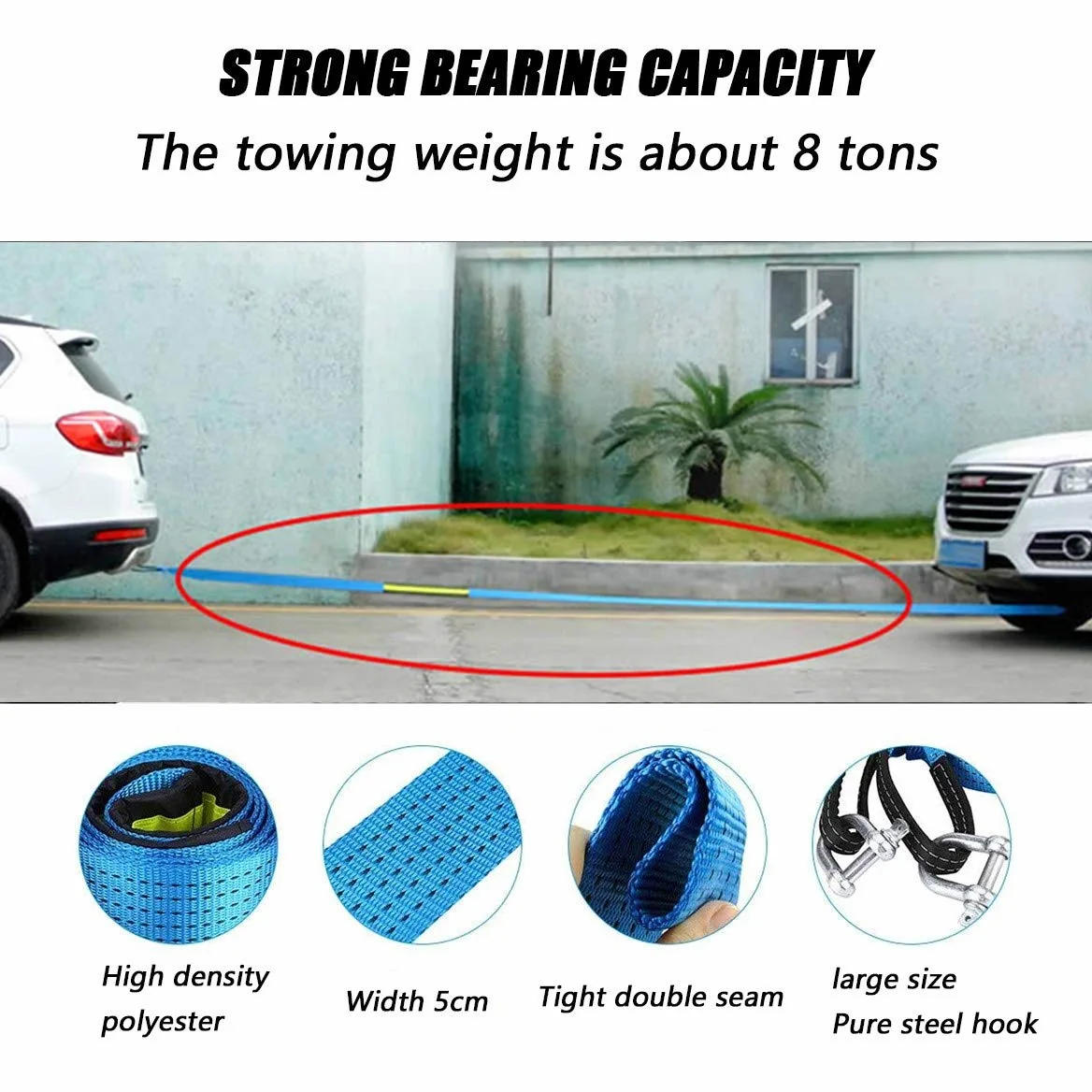 Cuerda de remolque, correa de remolque resistente de 4 x 4, correa de remolque de nailon para coche, SUV, vehículo agrícola, incluye 2 ganchos de seguridad y bolsa de almacenamiento, capacidad de 8