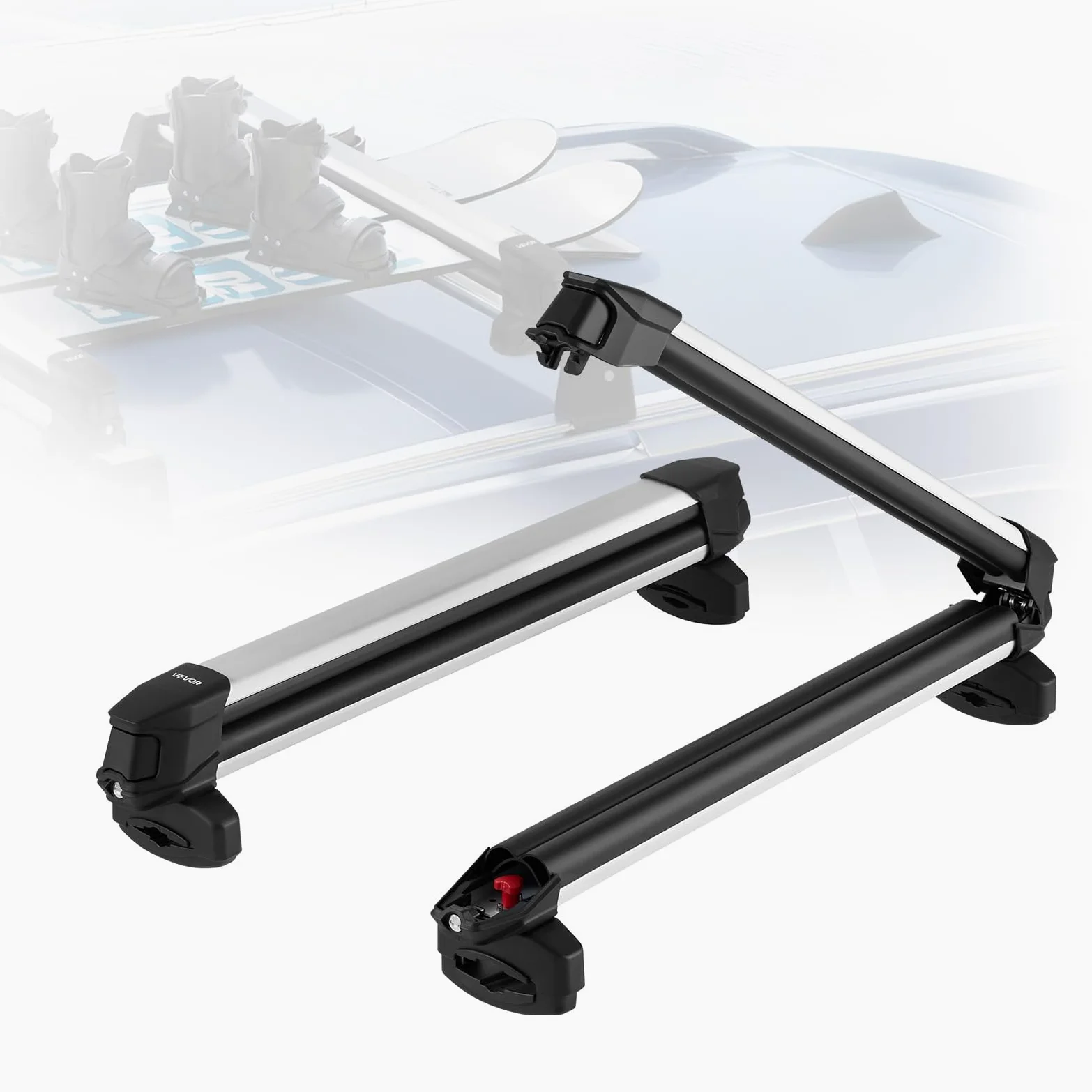 VEVOR Portaesquís Universal de Techo de Automóvil, para hasta 6 Pares de Esquís o 4 Tablas de Snowboard, 2 Piezas, con Cerradura, con Acolchado de Goma y Ranura en T, 915 x 85 x 100 mm, Negro