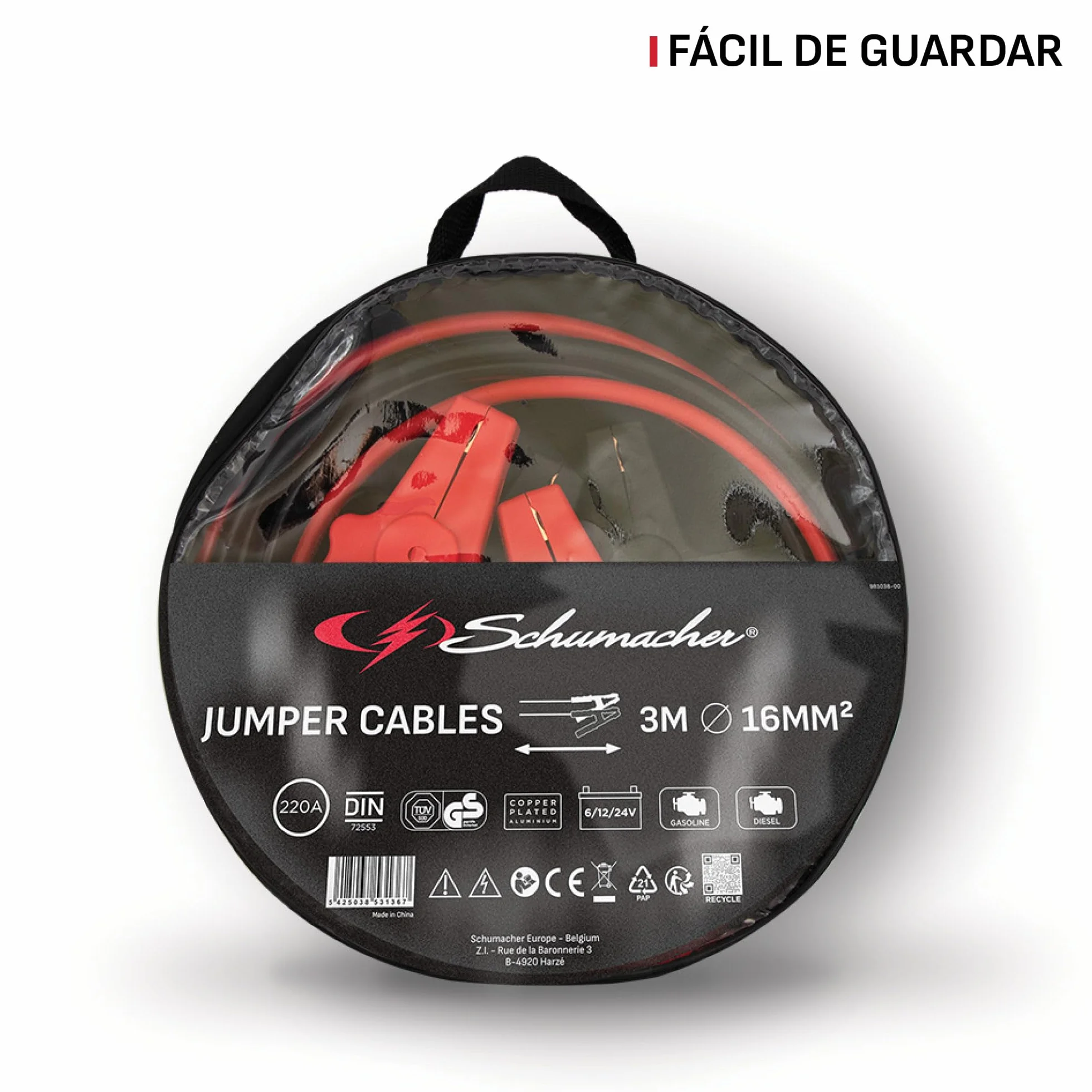 Schumacher Electric - Cables de Arranque 3m 16mm² - Baterías 6V/12V/24V - Para Coche, Furgoneta, Caravana - Pinzas Seguras Aisladas - Certificado GS/TÜV