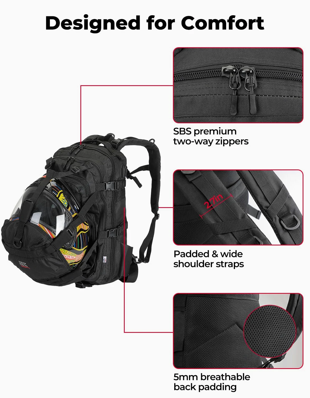 KEMIMOTO - Mochila para Casco de Motocicleta, Bolsa de Casco de 37L de Gran Capacidad con Puerto de Carga USB, Mochila de Conducción y Desplazamiento para Hombres