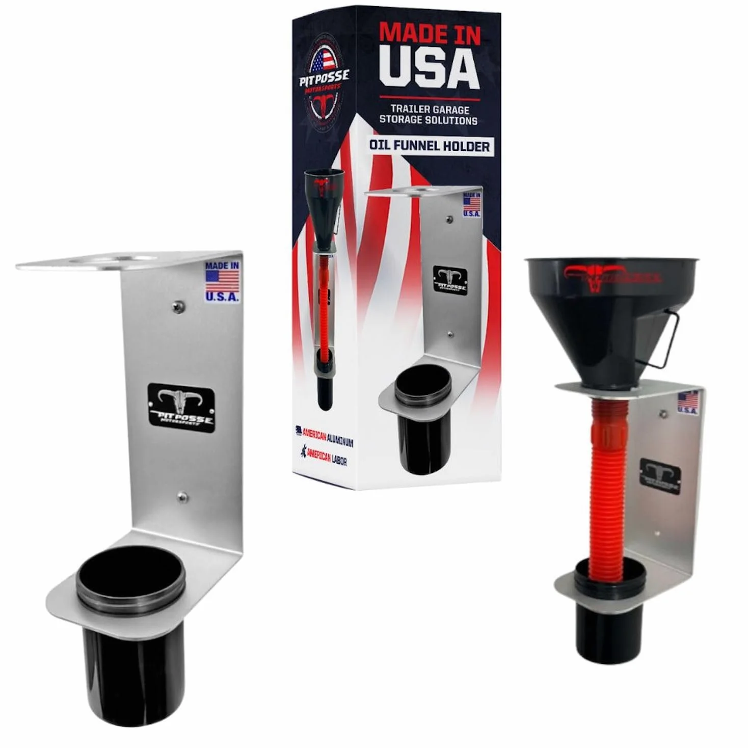 Pit Posse PP3364 - Soporte de aluminio para embudo de aceite – Tienda de garaje para remolque cerrado – Fabricado en Estados Unidos – Embudo de drenaje de líquido de montaje en pared Organizador