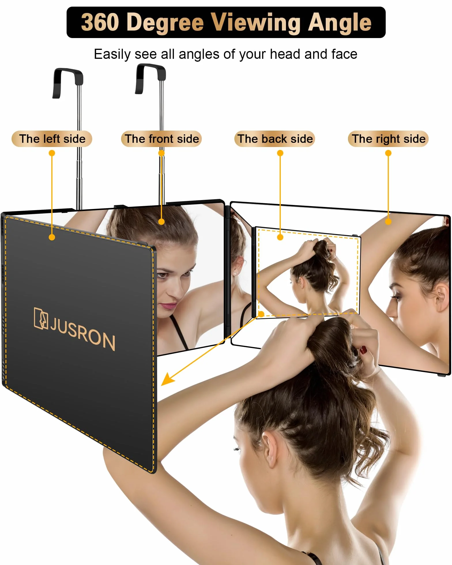 JUSRON Espejo de 3 Vías, Espejo 360º Colgable Portátil, Espejo Maquillaje de 3 Lados Altura Ajustable con Gancho Retráctil