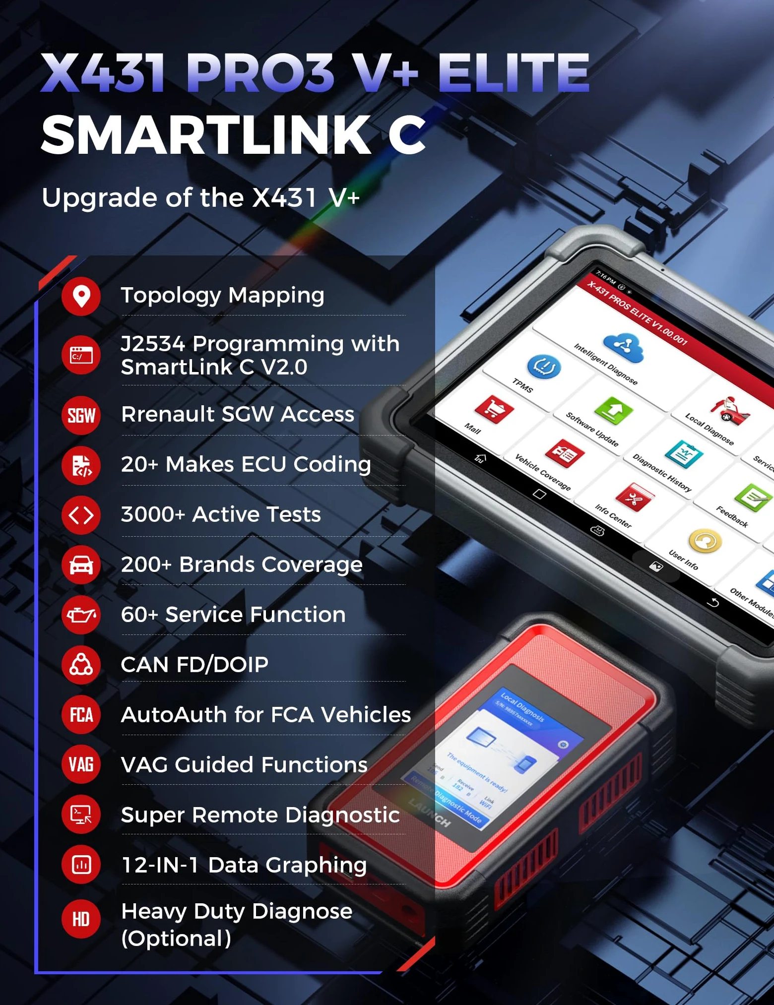 LAUNCH X431 PRO3 V+ Elite, 2025 Smartlink C 2.0 Herramienta de escaneo bidireccional con J2534, escaneo de camiones HD, mapa de topología, más de 60 servicios, codificación online, CANFD/DOIP/D-PDU