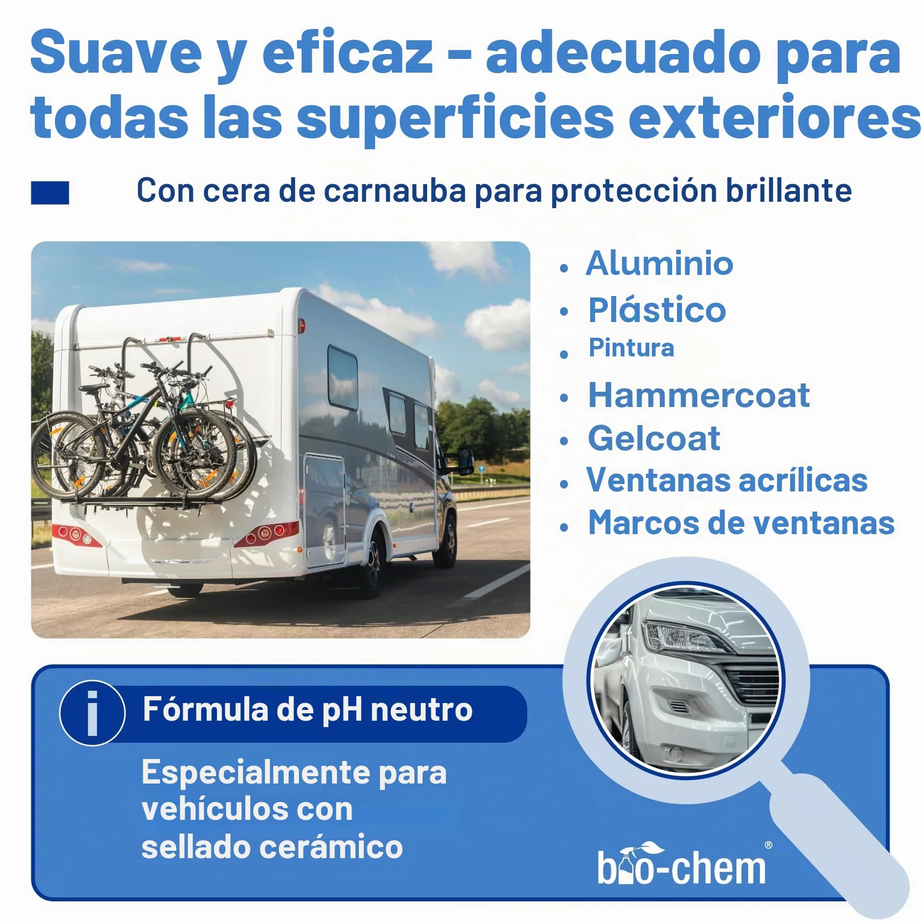 bio-chem Champú y cera para vehículos 1L + Pulverizador de espuma | Limpiador regenerador para plásticos con cera de carnauba, adecuado para la limpieza exterior de la carrocería de caravanas